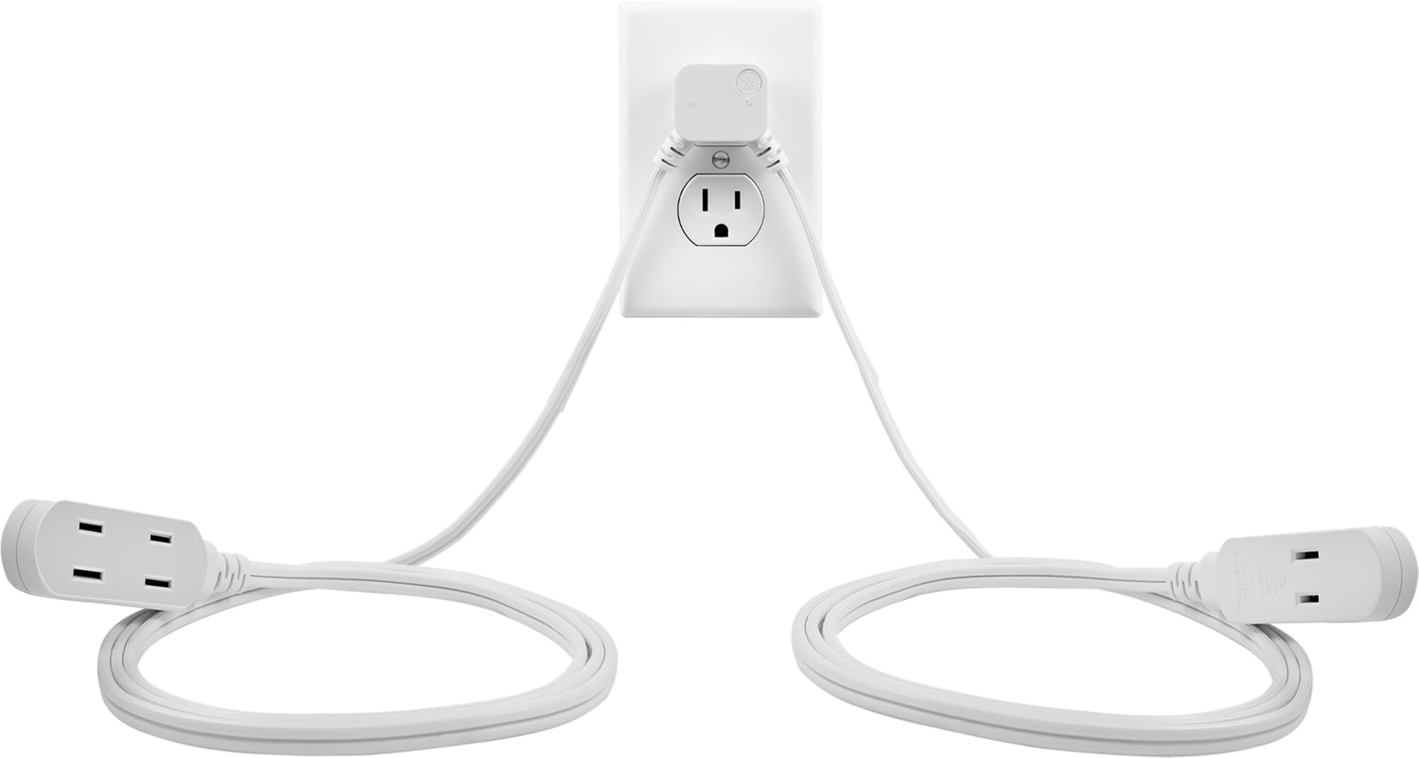 GE 12Ft Twin, Dual 6 Ft Cords, 6 Total Outlet Flat Plug, with Multiple Outlets, 2 Prong, Safe Long, Standard, White, 50657