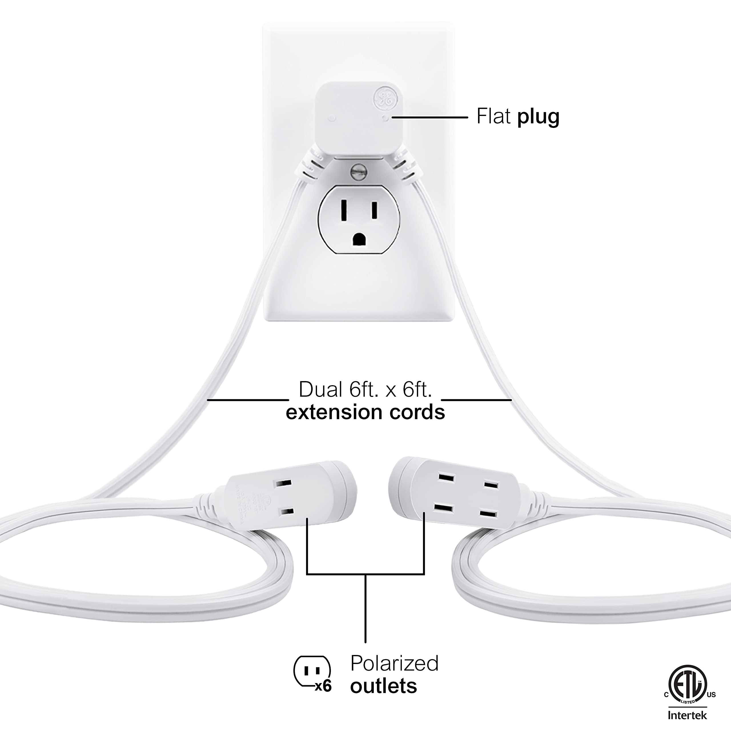 GE 12Ft Twin, Dual 6 Ft Cords, 6 Total Outlet Flat Plug, with Multiple Outlets, 2 Prong, Safe Long, Standard, White, 50657 - Image 2