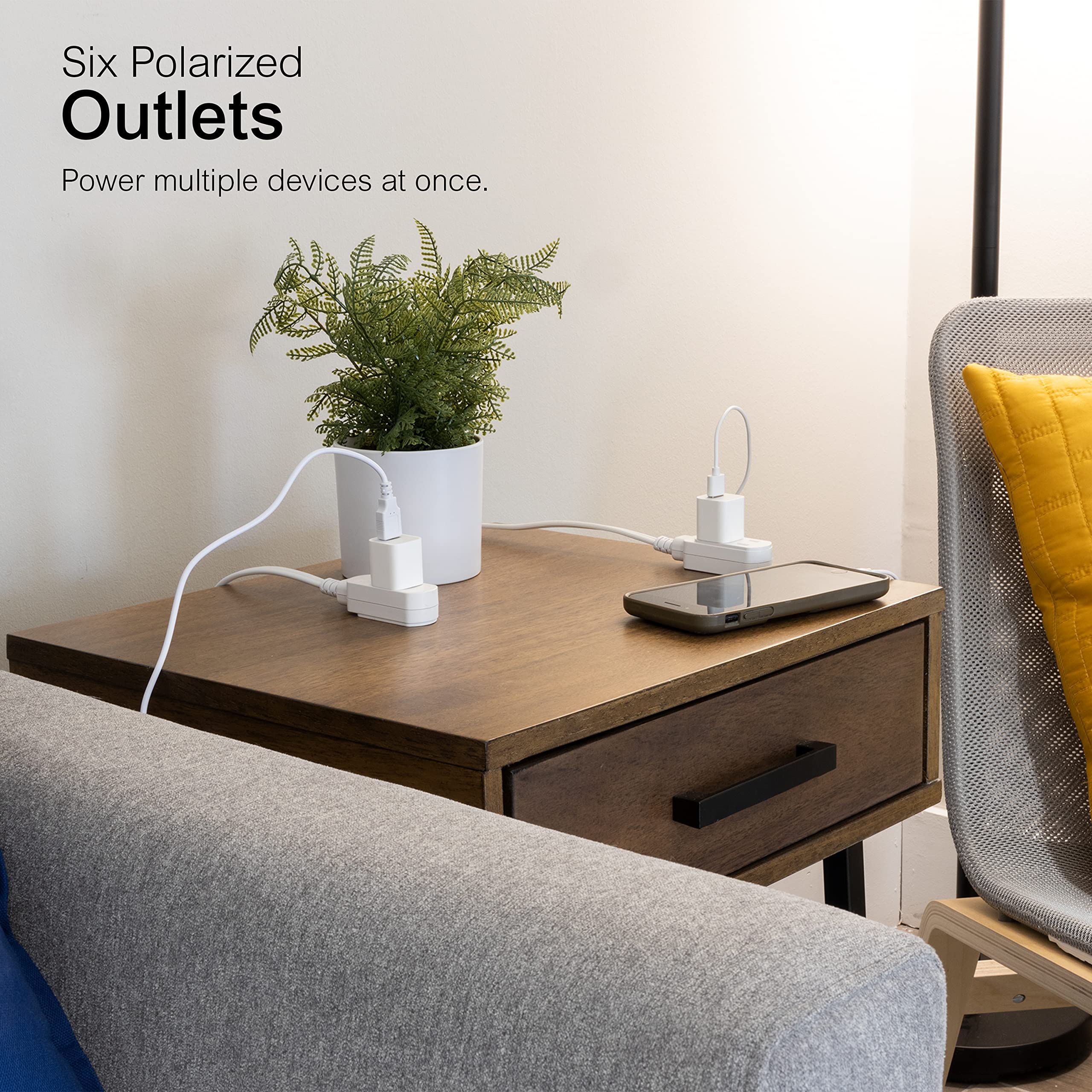 GE 12Ft Twin, Dual 6 Ft Cords, 6 Total Outlet Flat Plug, with Multiple Outlets, 2 Prong, Safe Long, Standard, White, 50657 - Image 5