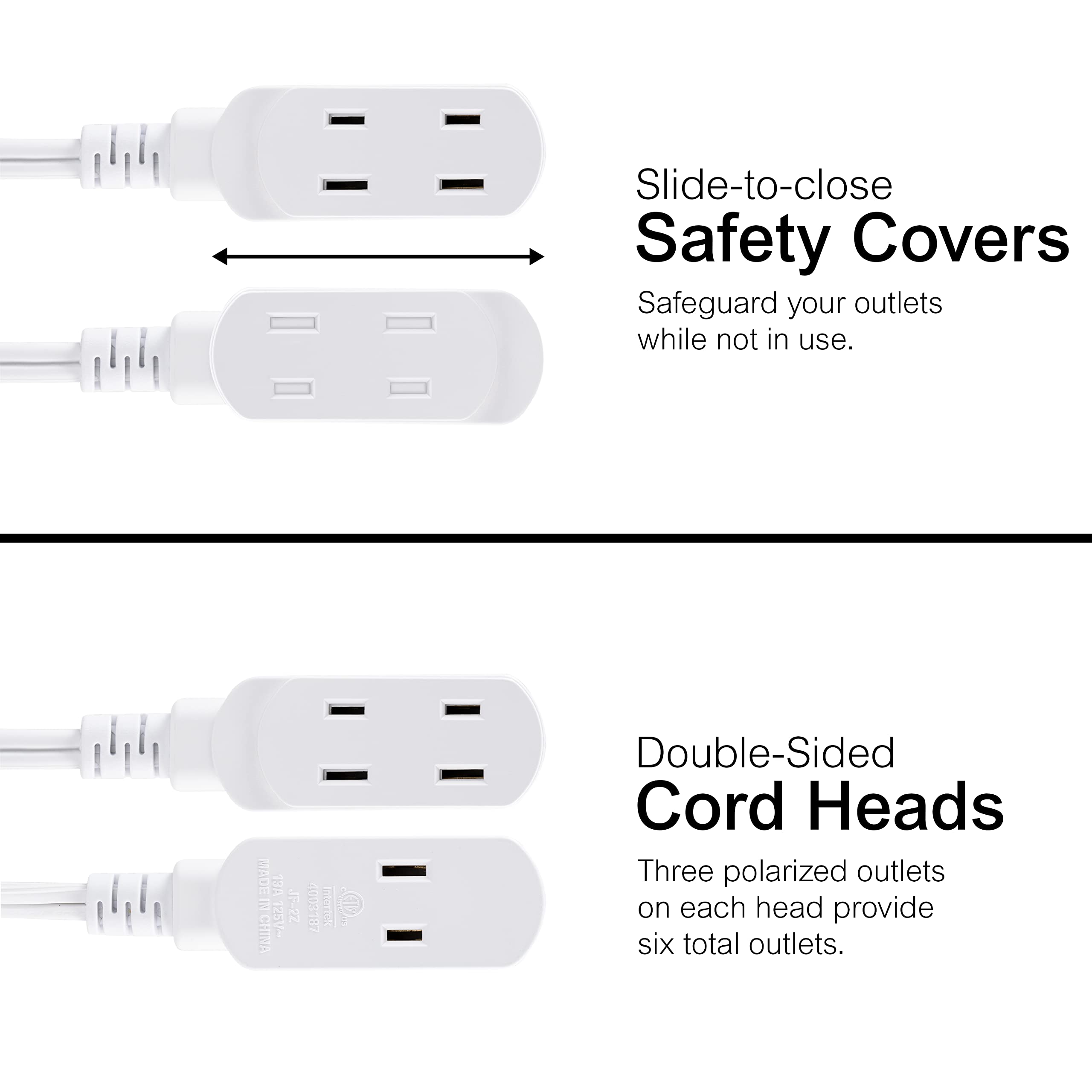 GE 12Ft Twin, Dual 6 Ft Cords, 6 Total Outlet Flat Plug, with Multiple Outlets, 2 Prong, Safe Long, Standard, White, 50657 - Image 6