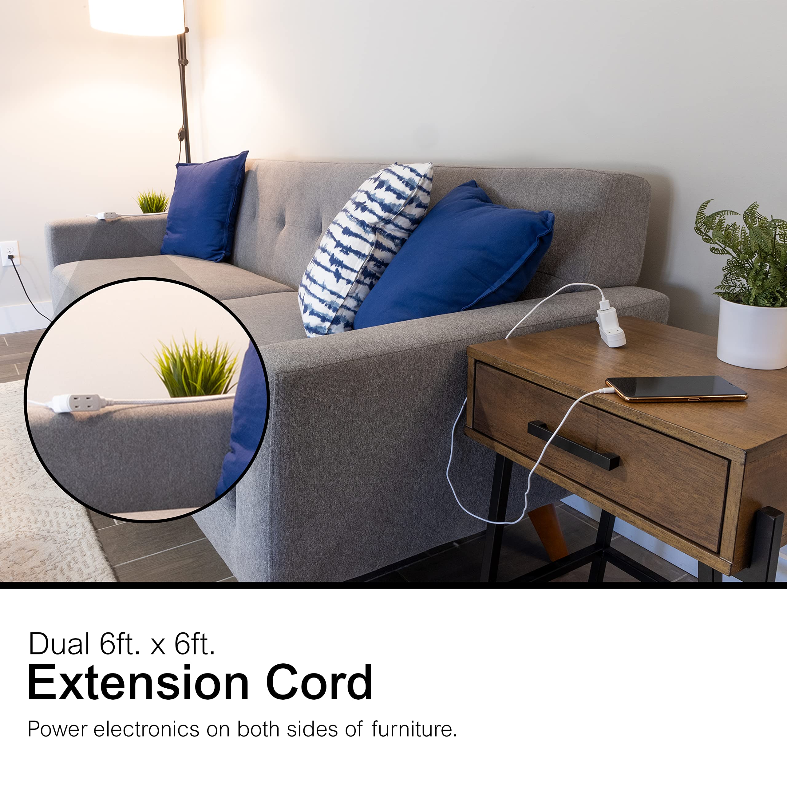 GE 12Ft Twin Extension Cord, Dual 6 Ft Cords, 6 Total Outlet Flat Plug Extension Cord, Extension Cord with Multiple Outlets, 2 Prong Extension Cord, Safe Long Extension Cord, Braided, White, 69342 - Image 3