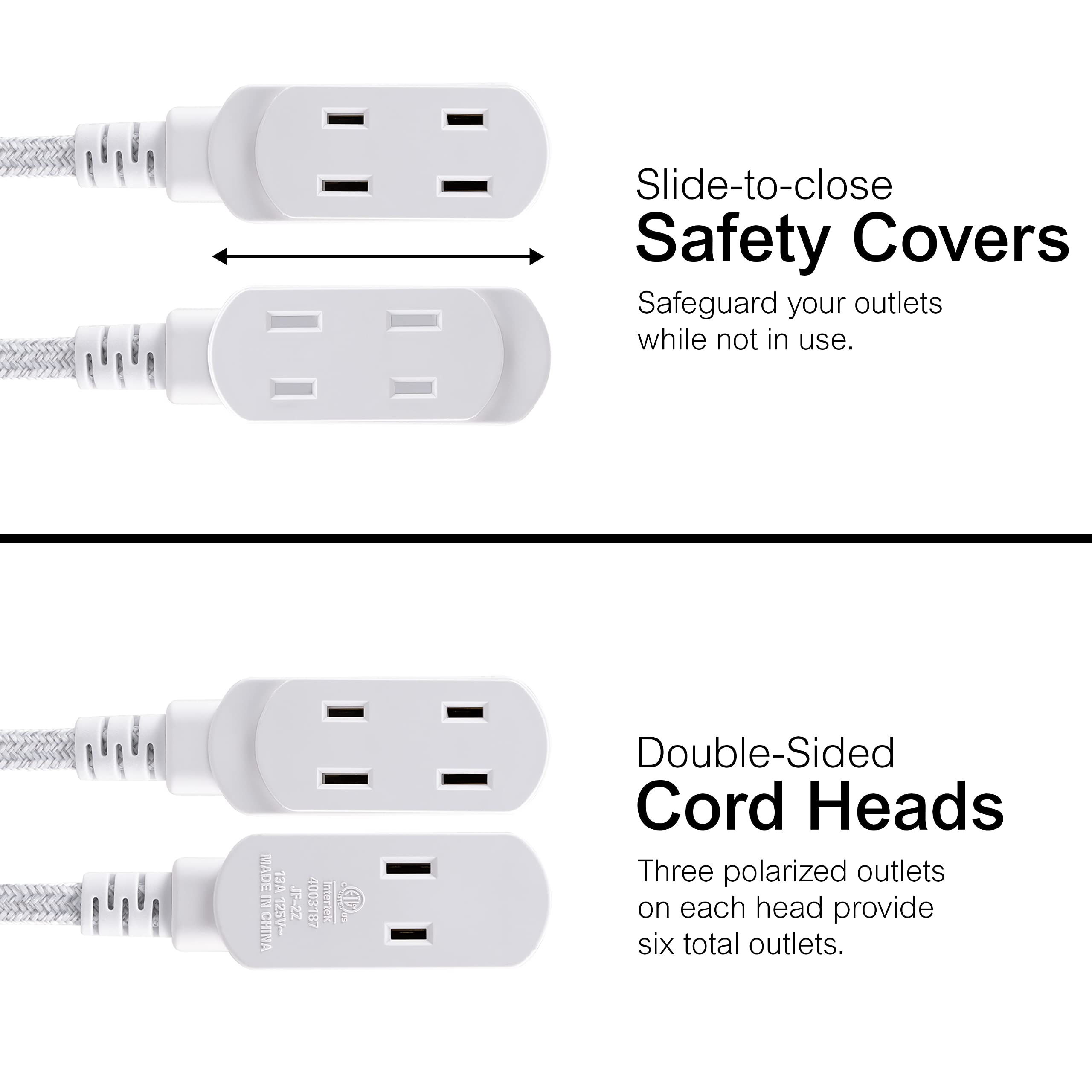 GE 12Ft Twin Extension Cord, Dual 6 Ft Cords, 6 Total Outlet Flat Plug Extension Cord, Extension Cord with Multiple Outlets, 2 Prong Extension Cord, Safe Long Extension Cord, Braided, White, 69342 - Image 7