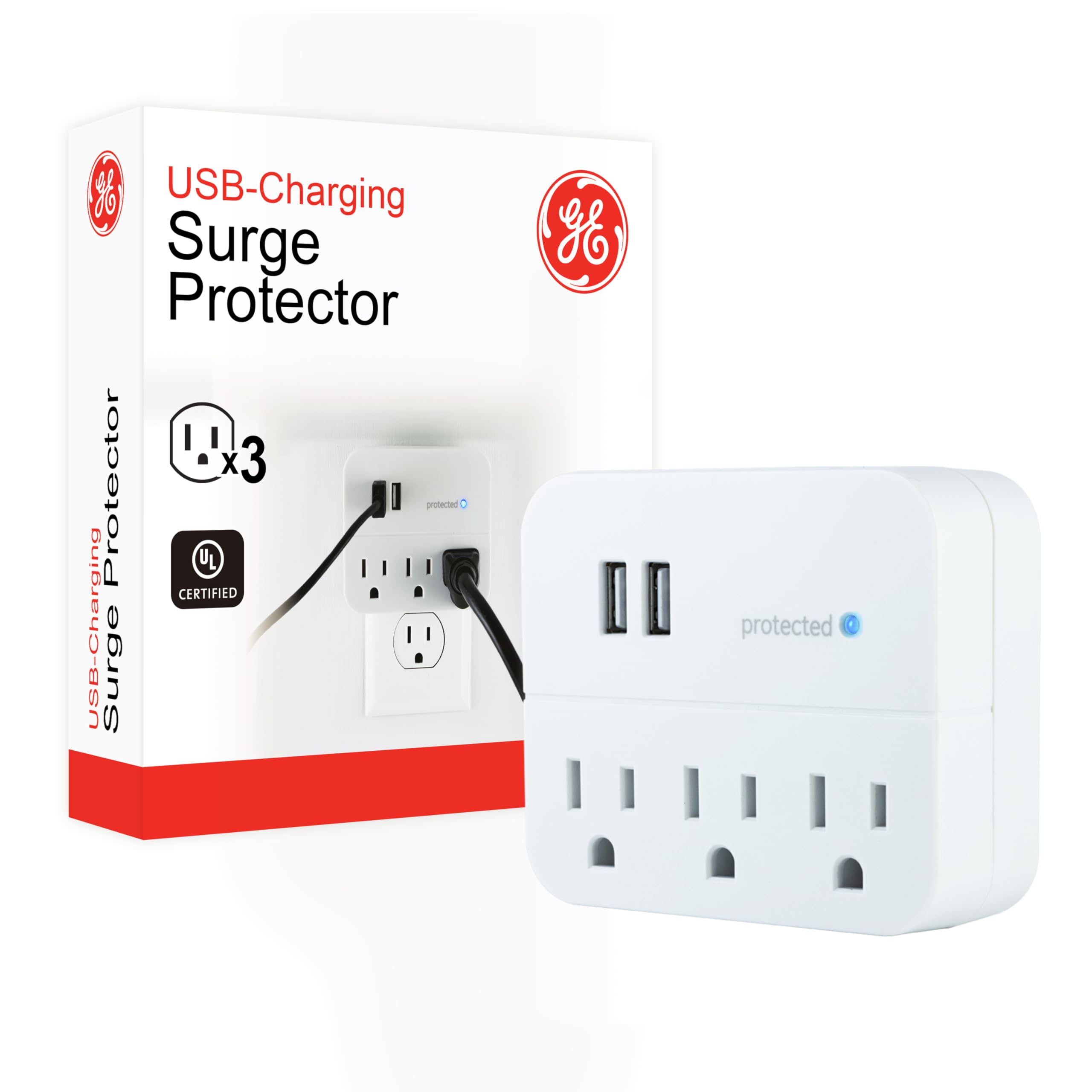 GE 14512 Surge Tap, 3 Outlets, 450J, USB, 2 Ports, 1.0A, White