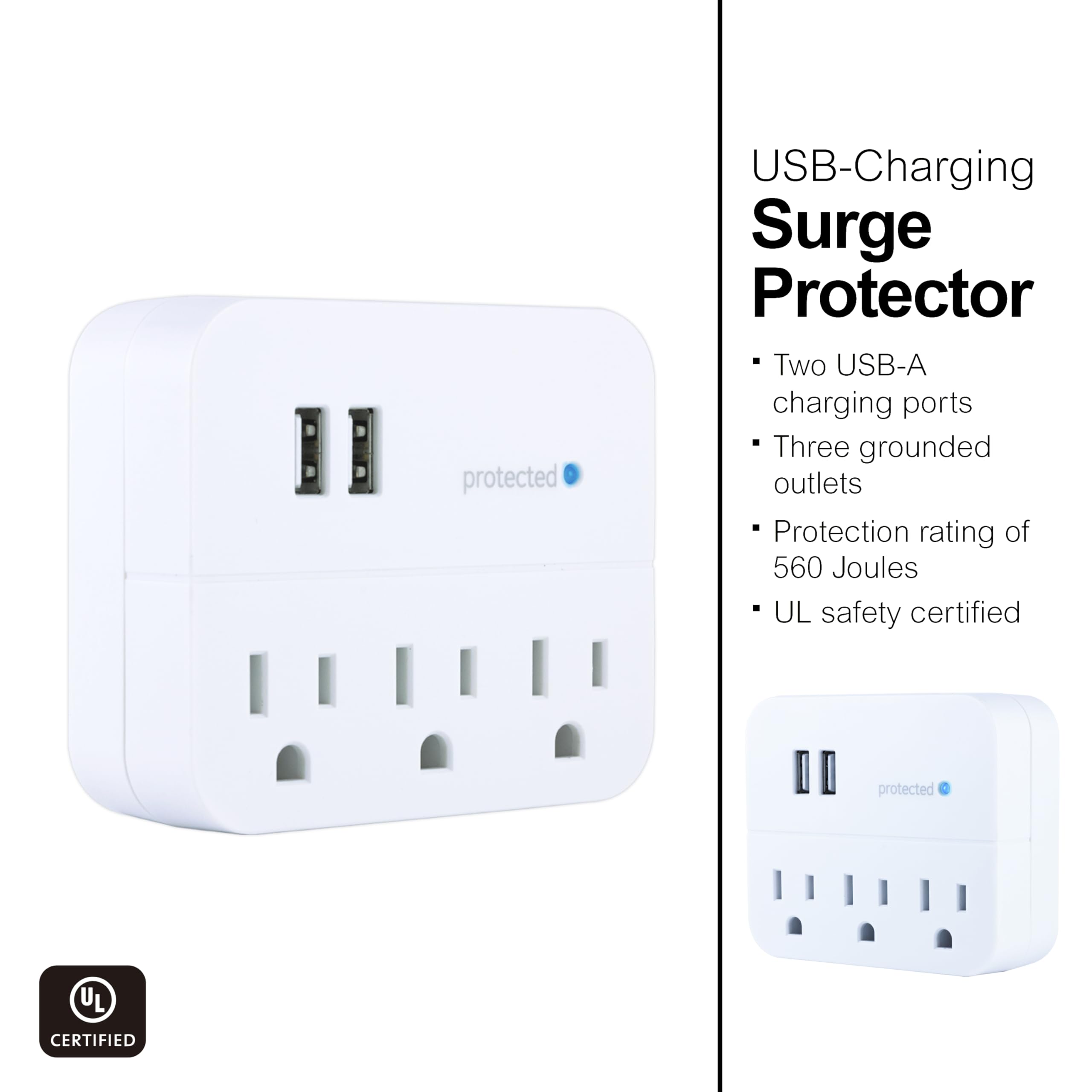GE 14512 Surge Tap, 3 Outlets, 450J, USB, 2 Ports, 1.0A, White - Image 3