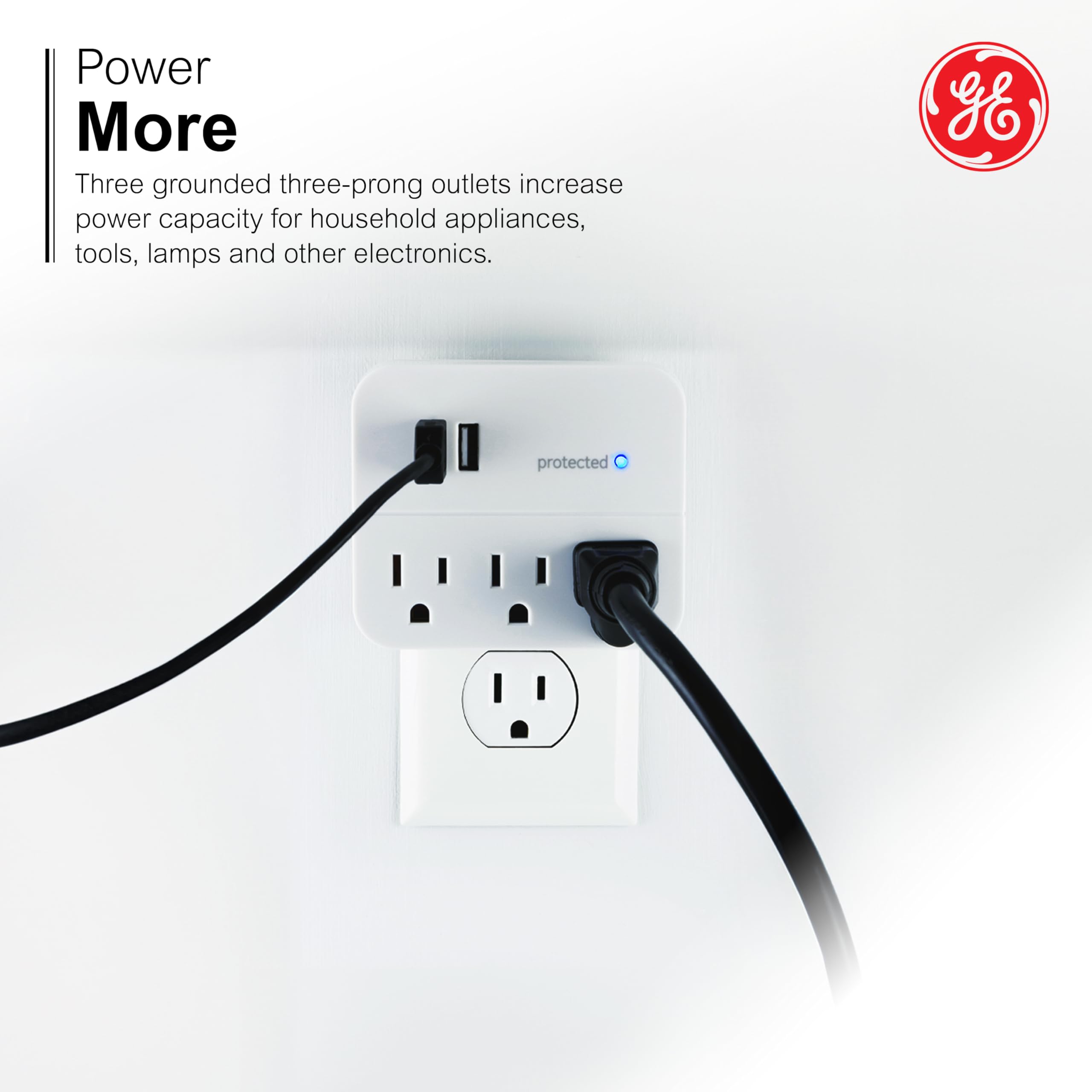 GE 14512 Surge Tap, 3 Outlets, 450J, USB, 2 Ports, 1.0A, White - Image 4