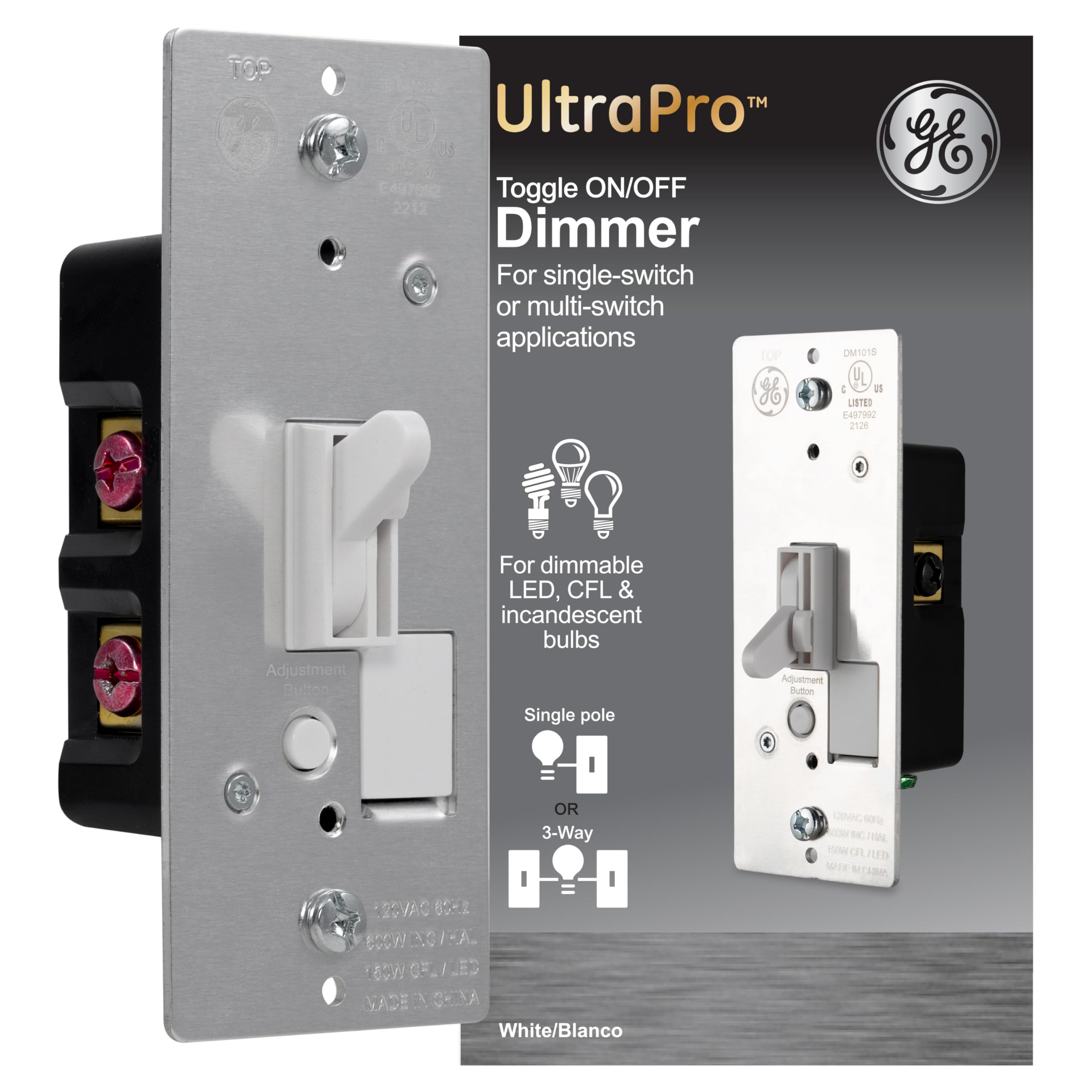GE 18025 Dimmer, Toggle On/Off, White