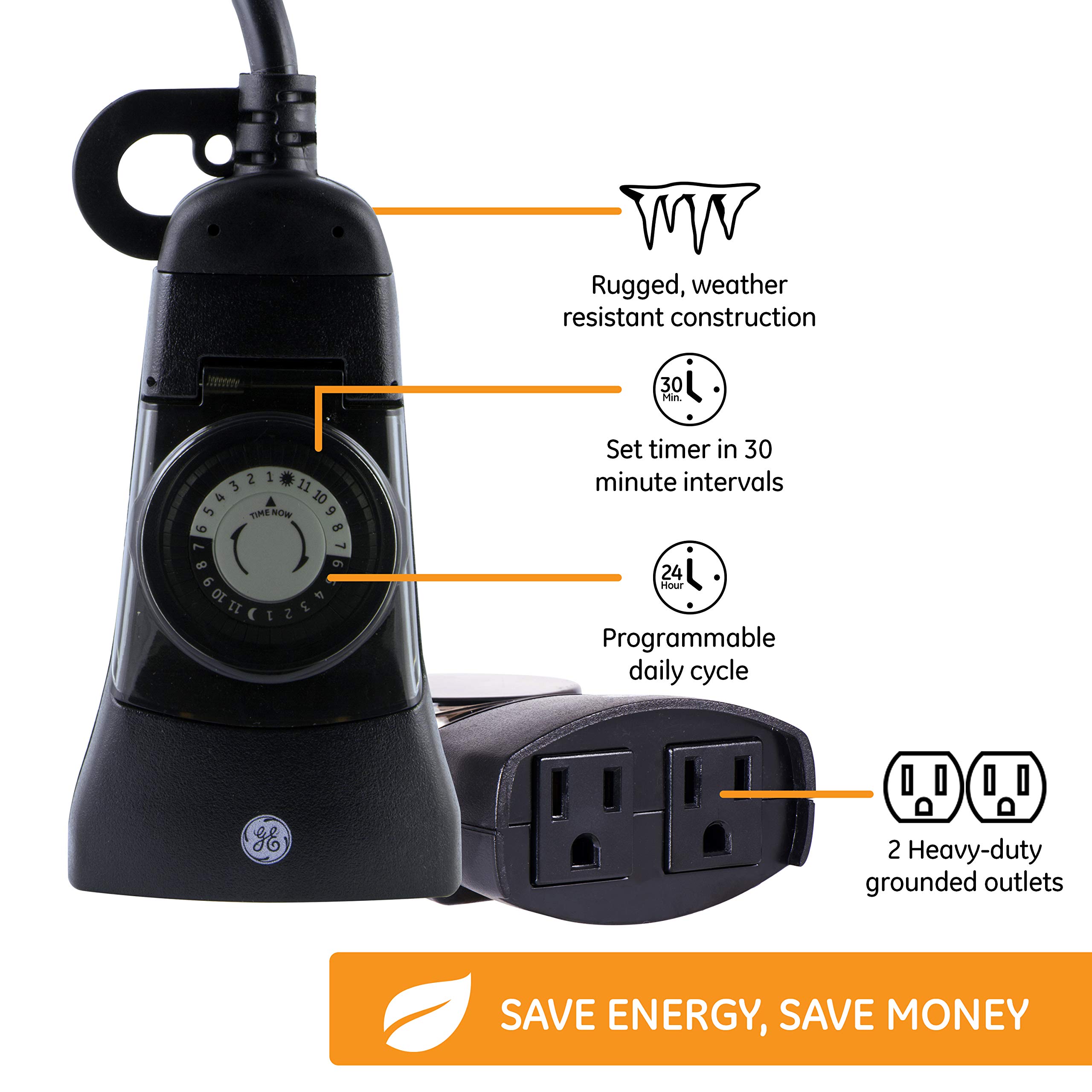 GE 24-Hour Indoor / Outdoor Programmable Mechanical Timer, Dual Outlet Plug-In, 2 Grounded Outlets, Heavy Duty Weather Resistant, 30 Minute Intervals, 15138 - Image 4