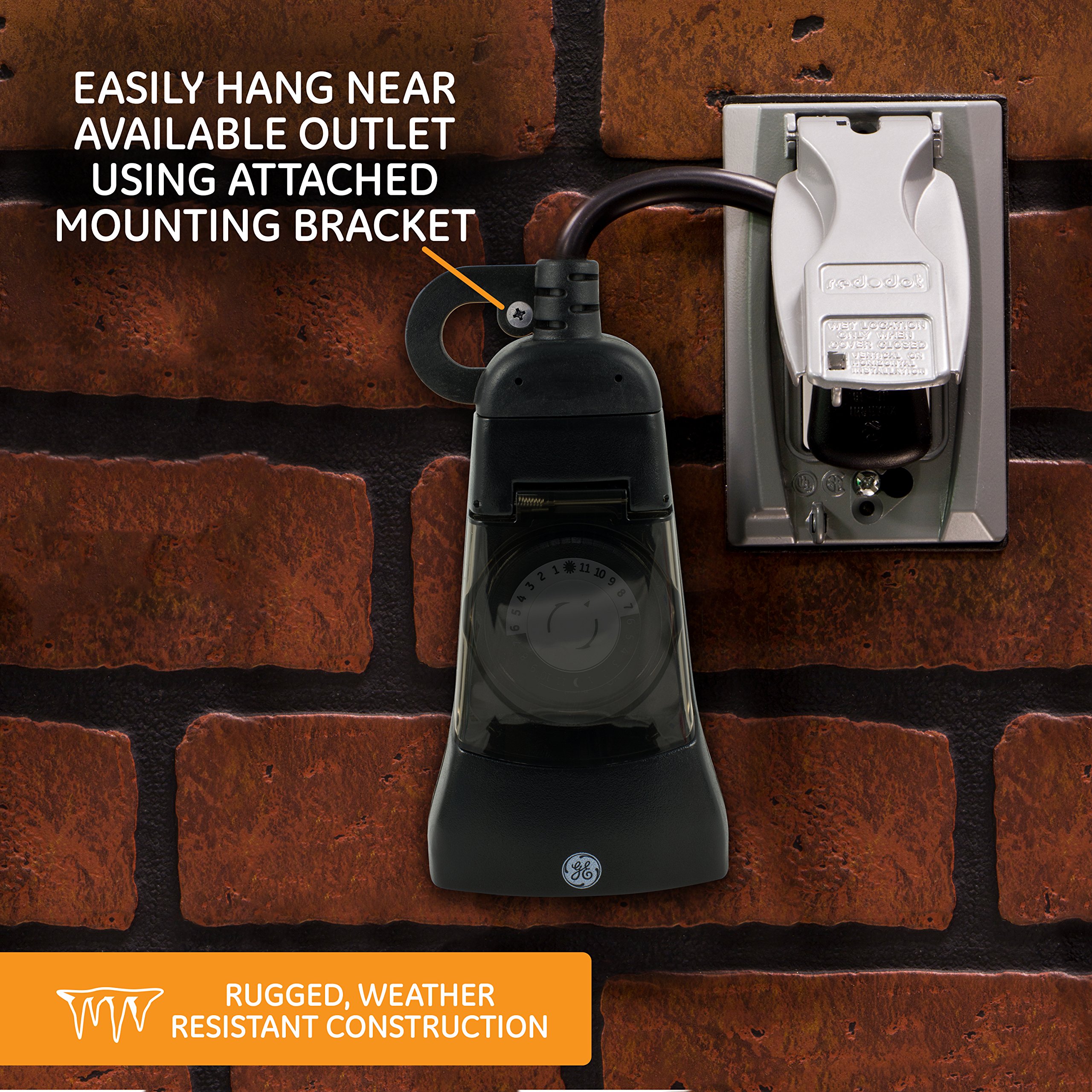 GE 24-Hour Indoor / Outdoor Programmable Mechanical Timer, Dual Outlet Plug-In, 2 Grounded Outlets, Heavy Duty Weather Resistant, 30 Minute Intervals, 15138 - Image 6
