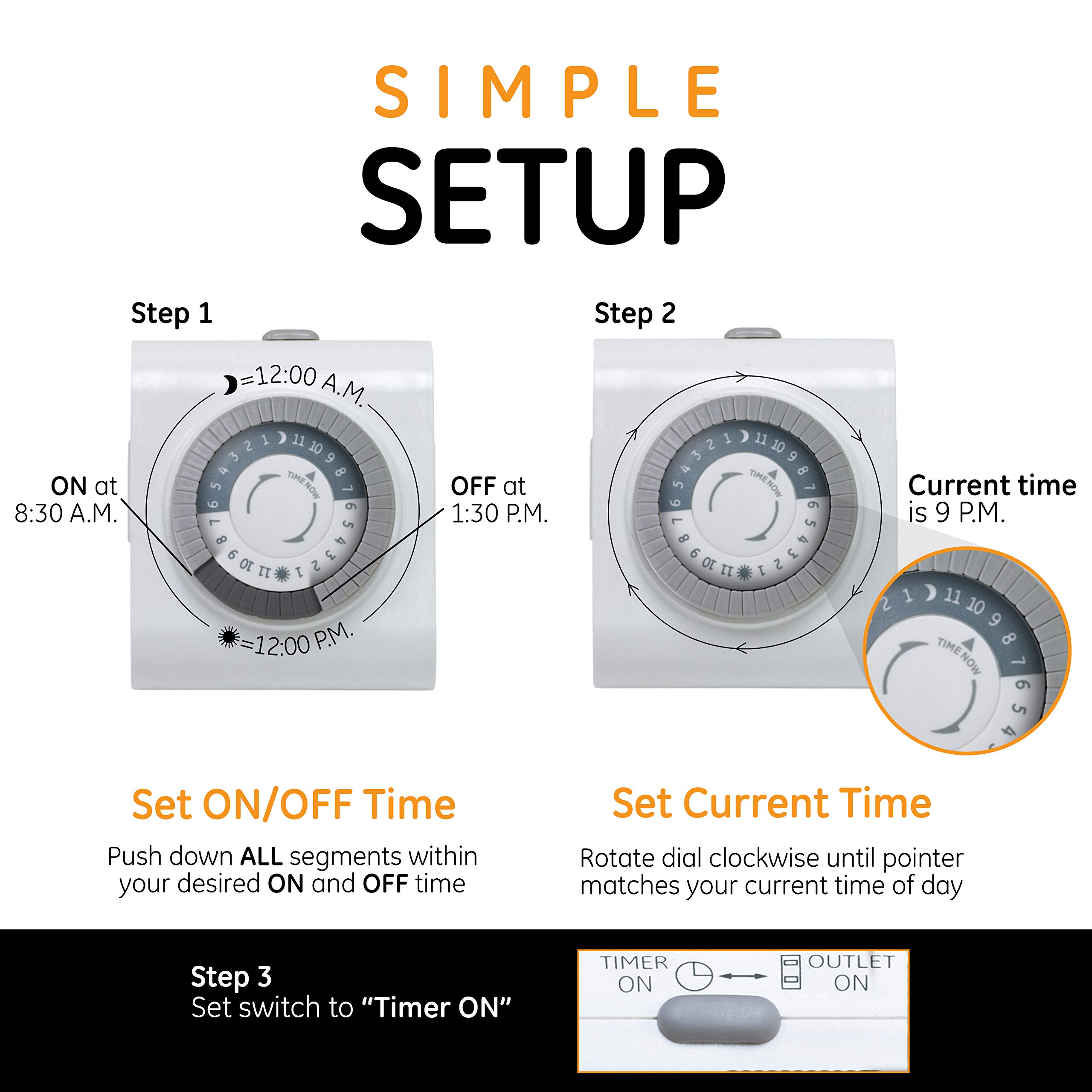 GE 24-Hour Indoor Plug-in Mechanical Timer, Big Button for Easy Programing, 1 Polarized Outlet, 30 Minute Intervals, Daily On/Off Cycle, for Lamps, Portable Fans, Seasonal Lights, 15076, Big Button 1-Outlet | Gray/White - Image 5