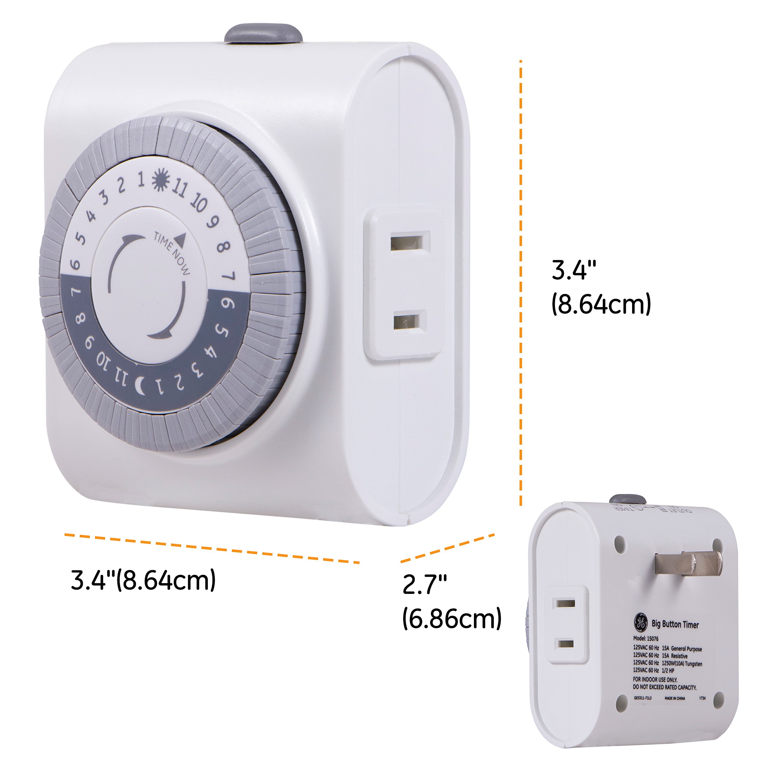 GE 24-Hour Indoor Plug-in Mechanical Timer, Big Button for Easy Programing, 1 Polarized Outlet, 30 Minute Intervals, Daily On/Off Cycle, for Lamps, Portable Fans, Seasonal Lights, 15076, Big Button 1-Outlet | Gray/White - Image 8
