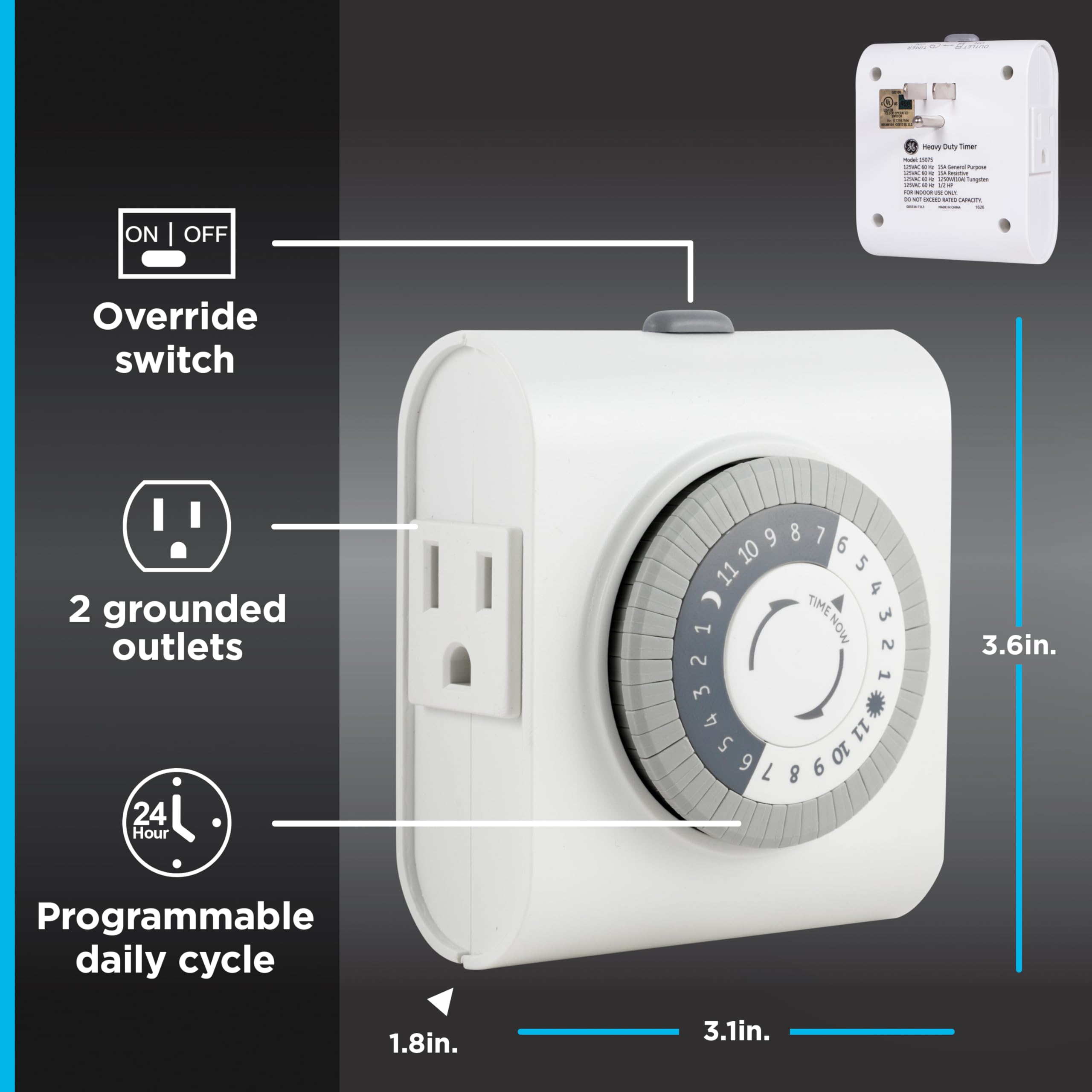 GE 24‑Hour Mechanical Outlet Timer Switch, Dual Grounded Plug‑in Control for Indoor Lighting, Lamps, Christmas Trees, Fans and Small Appliances (1 Pack), 15075 - Image 7