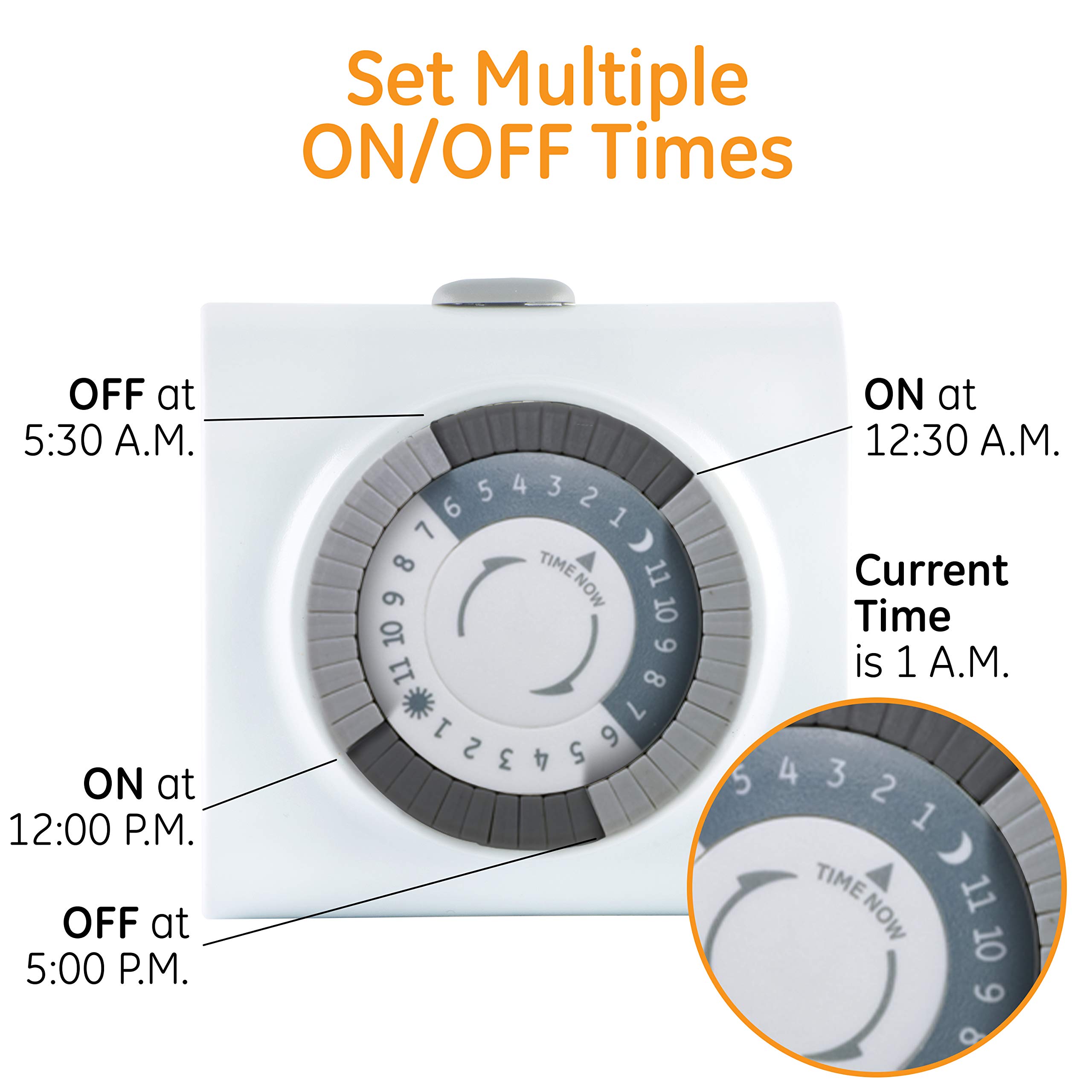 GE 24‑Hour Mechanical Outlet Timer Switch, Single Polarized Plug‑in Control for Indoor Lighting, Lamps, Christmas Trees and Seasonal Decor (2 Pack), 56177 - Image 8