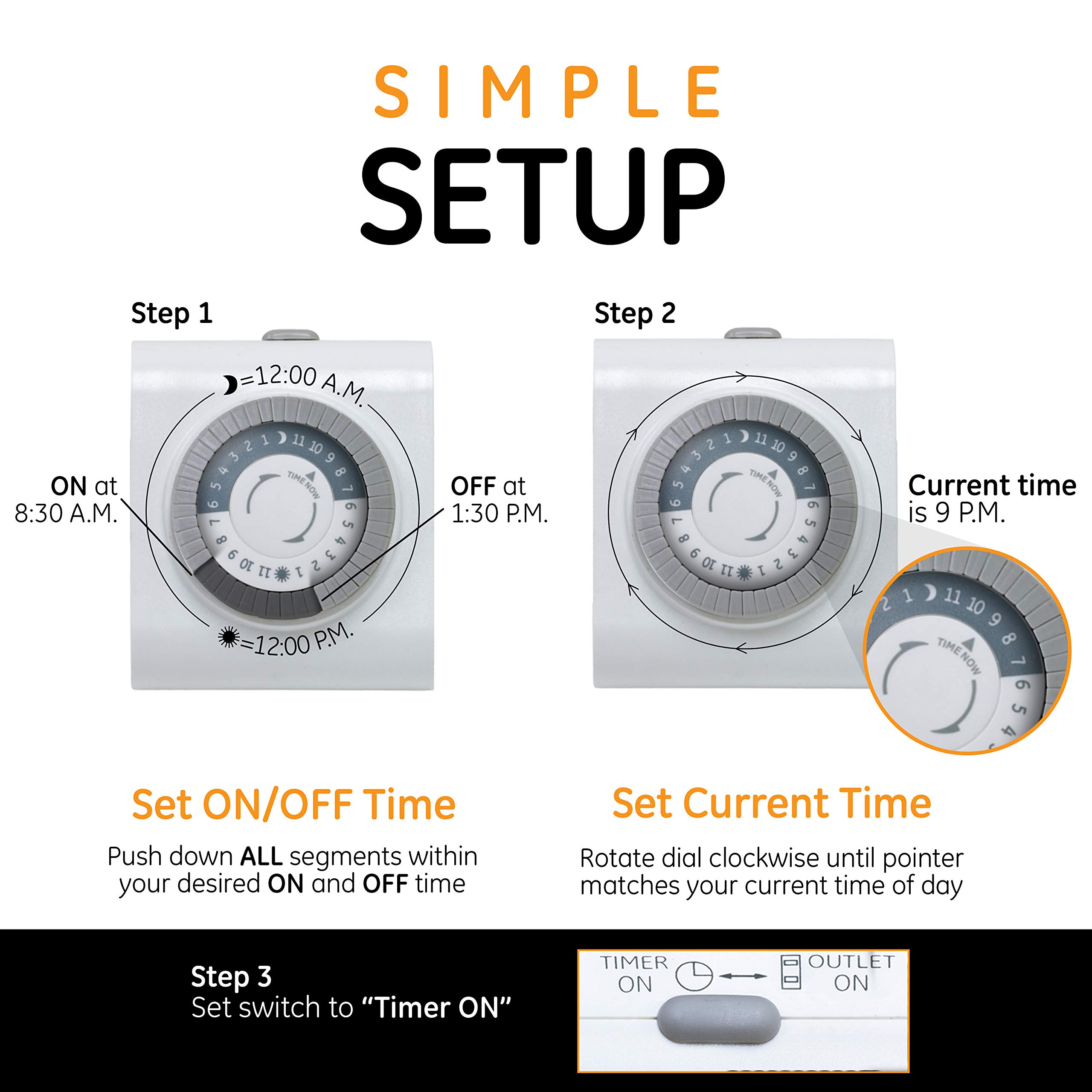 GE 24‑Hour Mechanical Outlet Timer Switch, Single Polarized Plug‑in Control for Indoor Lighting, Lamps, Christmas Trees and Seasonal Decor (2 Pack), 56177 - Image 9