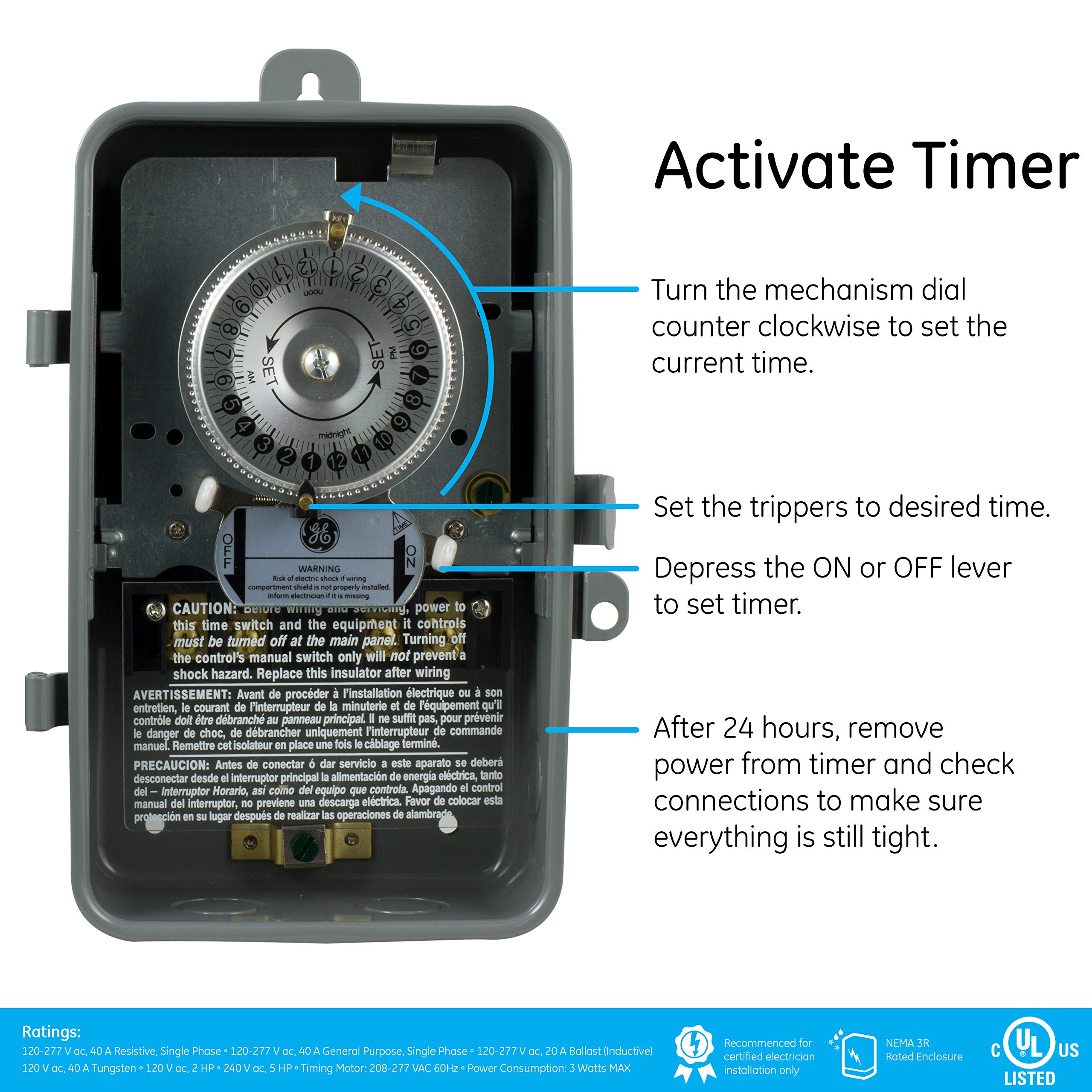 GE 24-Hour Mechanical Pool Timer Switch, 5HP 40A Load Capacity Pool Pump Timer, Outdoor NEMA 3-Rated Box Tim𝚎r, 240 VAC Pooᥣ Tim𝚎r Replacement, Water Heater Time𝗋, Tamper Resistant Metal, 15164 - Image 4