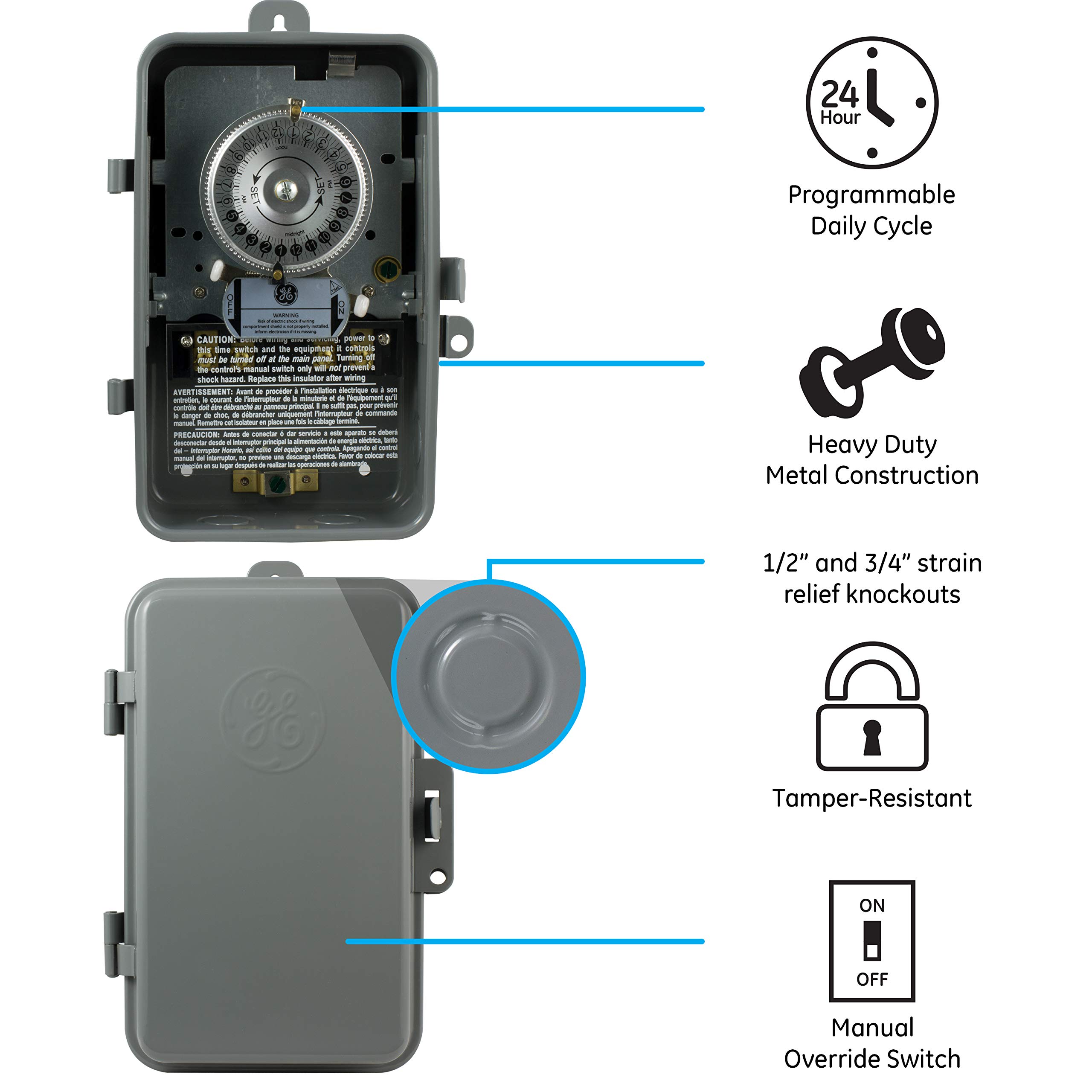 GE 24-Hour Mechanical Pool Timer Switch, 5HP 40A Load Capacity Pool Pump Timer, Outdoor NEMA 3-Rated Box Tim𝚎r, 240 VAC Pooᥣ Tim𝚎r Replacement, Water Heater Time𝗋, Tamper Resistant Metal, 15164 - Image 5