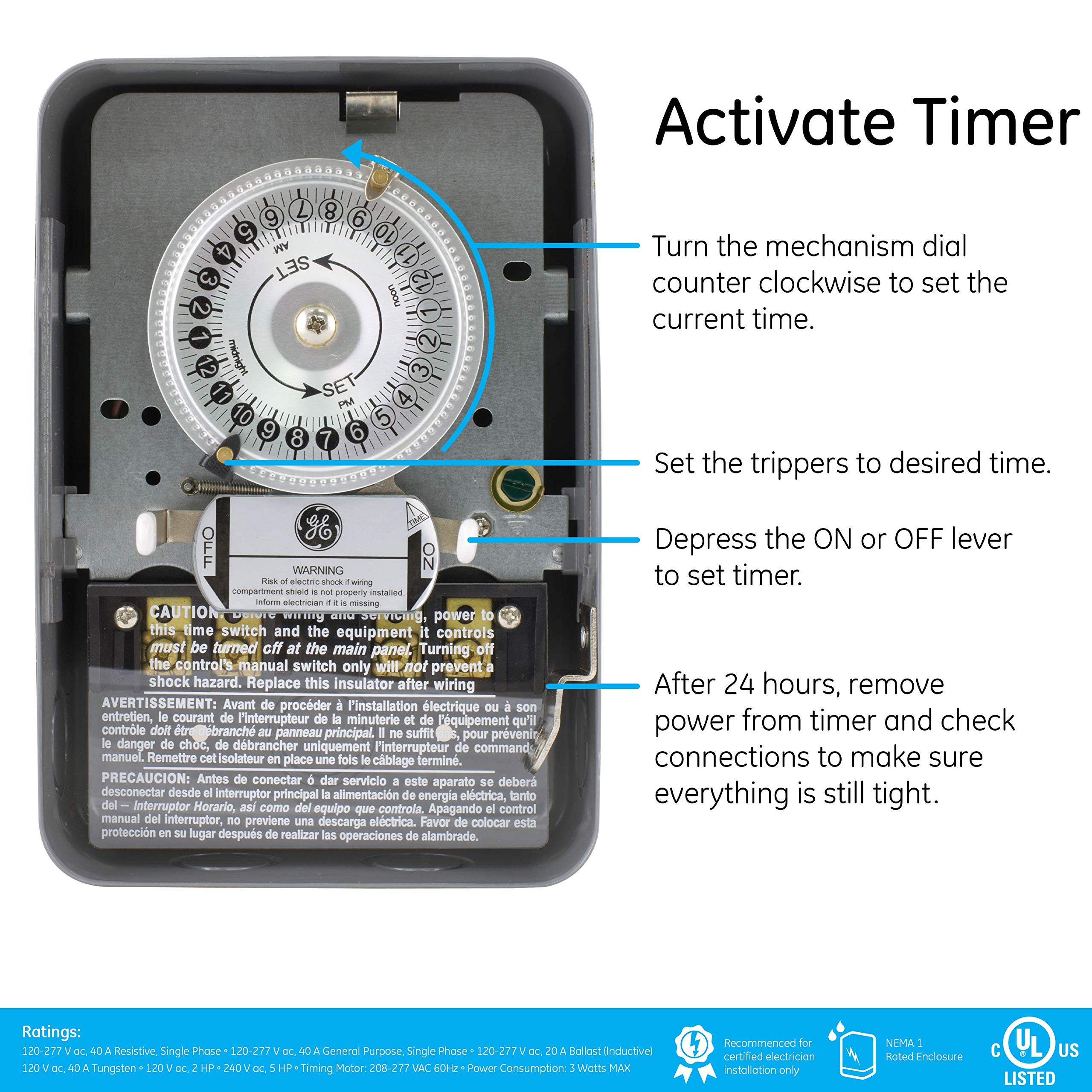 GE 24-Hour Mechanical Water Heater Timer Switch, 5HP 40A Load Capacity Timer for Water Heater, Indoor NEMA 1-Rated Box Timer, 240 VAC Water Heater Timer Replacement, Tamper Resistant Metal, 15328 - Image 6