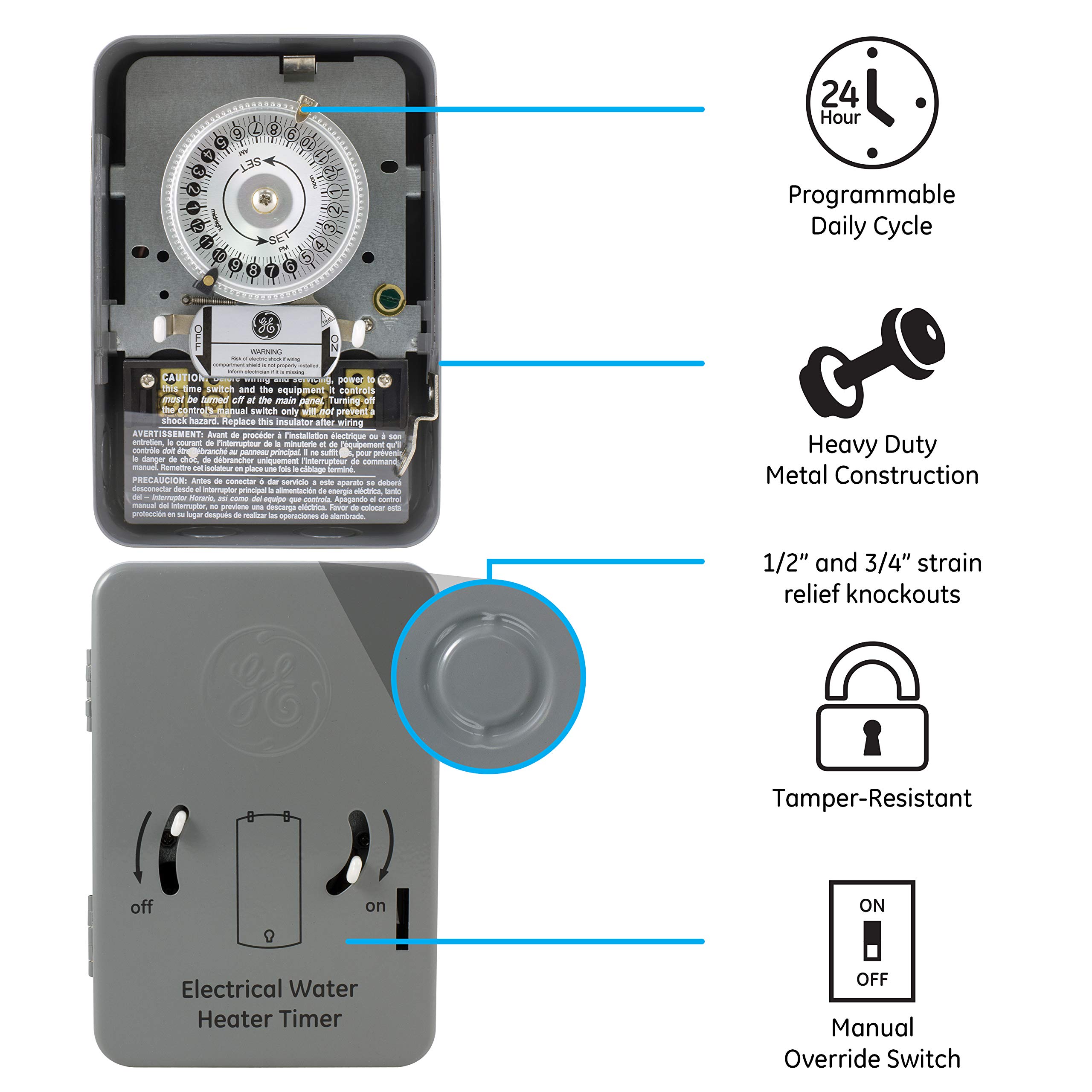 GE 24-Hour Mechanical Water Heater Timer Switch, 5HP 40A Load Capacity Timer for Water Heater, Indoor NEMA 1-Rated Box Timer, 240 VAC Water Heater Timer Replacement, Tamper Resistant Metal, 15328 - Image 7