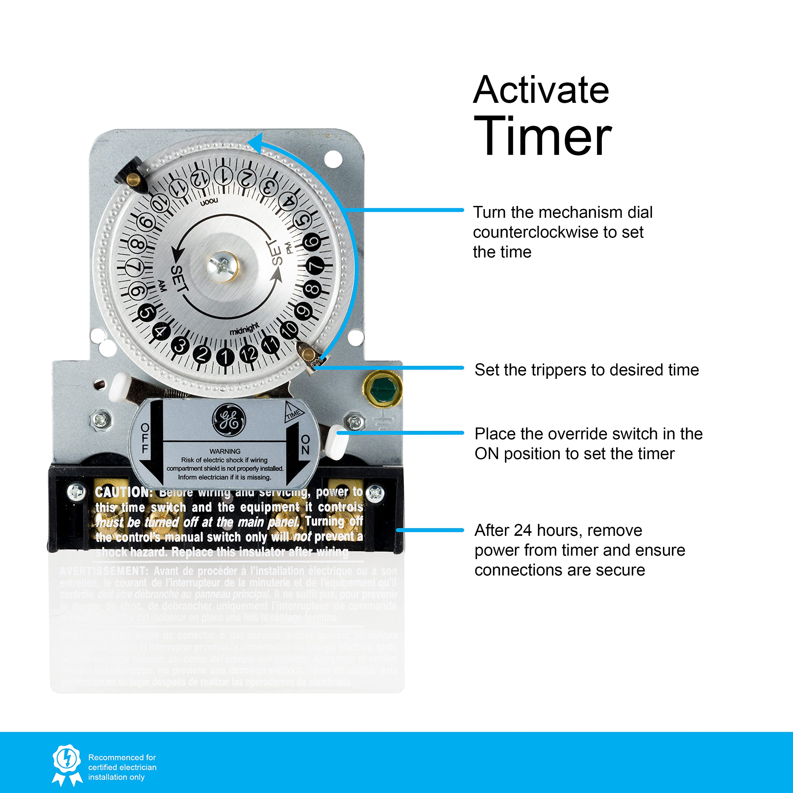 GE 240VAC Replacement Mechanical Time Switch, Additional Adapters Included, Box Not Included, ON/Off, 24-Hour Cycle, Ideal for Fans, Pool Pumps, Water Heaters, Air, & Heating, 48781 - Image 5