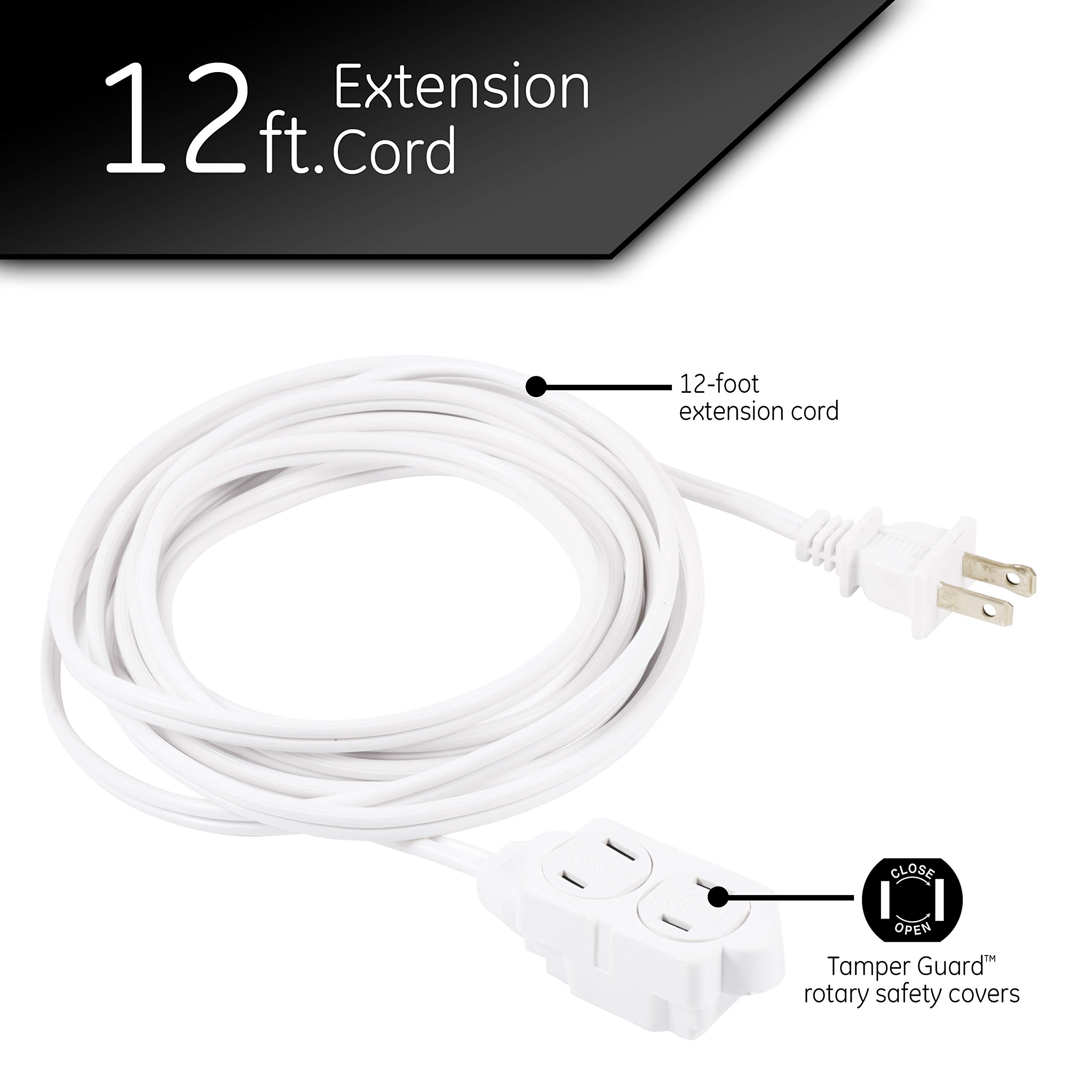 GE 3-Extension Cord with Multiple Outlets 12 Ft Power Strip 2 Prong 16 Gauge Twist-to-Close Safety Covers Indoor Outlet Extender UL Listed White 51954 - Image 3