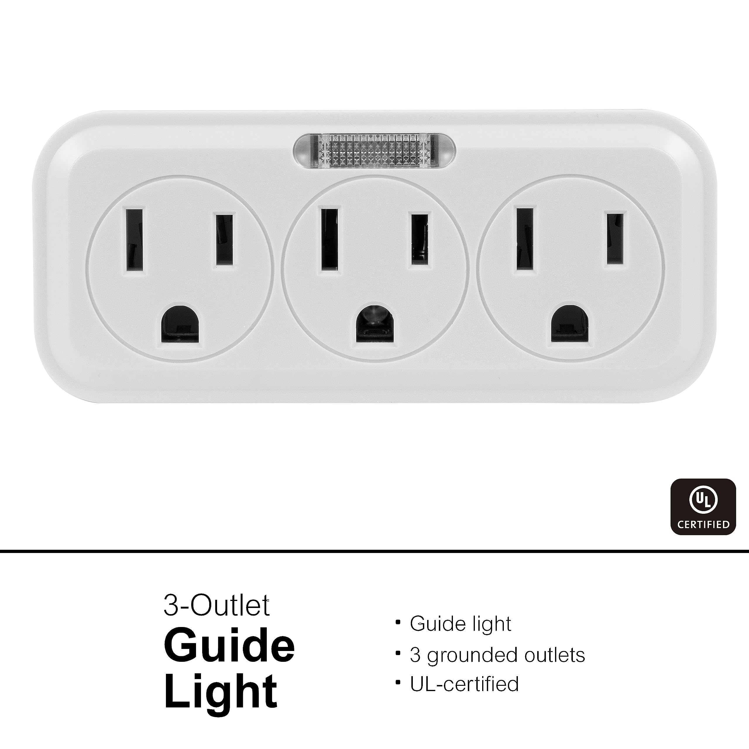 GE 3 Outlet Adapter Wall Tap with Guide Light, 3 Prong Outlet, Grounded Outlet, UL Listed, White, 14494 - Image 3