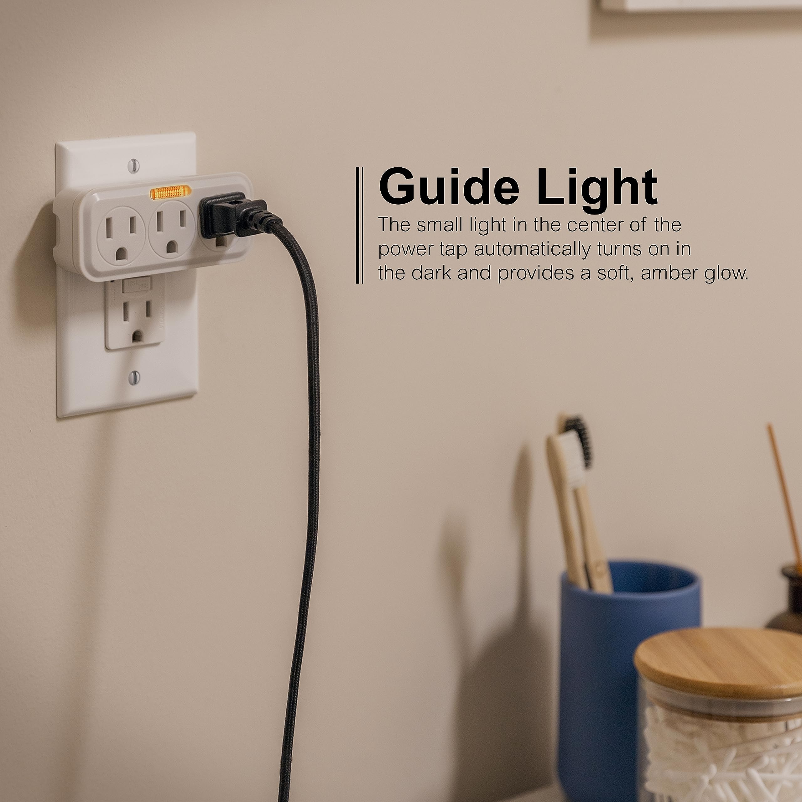 GE 3 Outlet Adapter Wall Tap with Guide Light, 3 Prong Outlet, Grounded Outlet, UL Listed, White, 14494 - Image 4