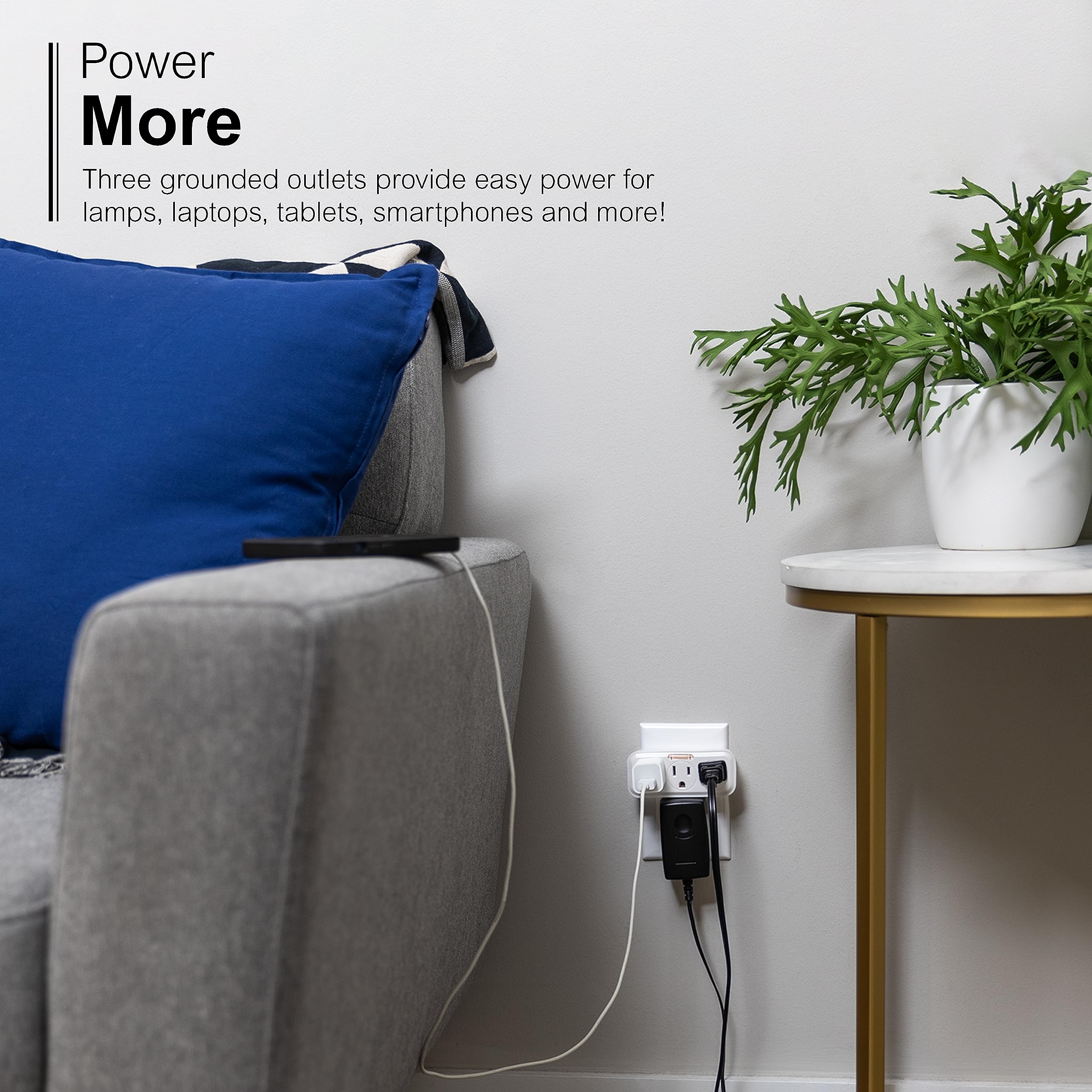 GE 3 Outlet Adapter Wall Tap with Guide Light, 3 Prong Outlet, Grounded Outlet, UL Listed, White, 14494 - Image 5