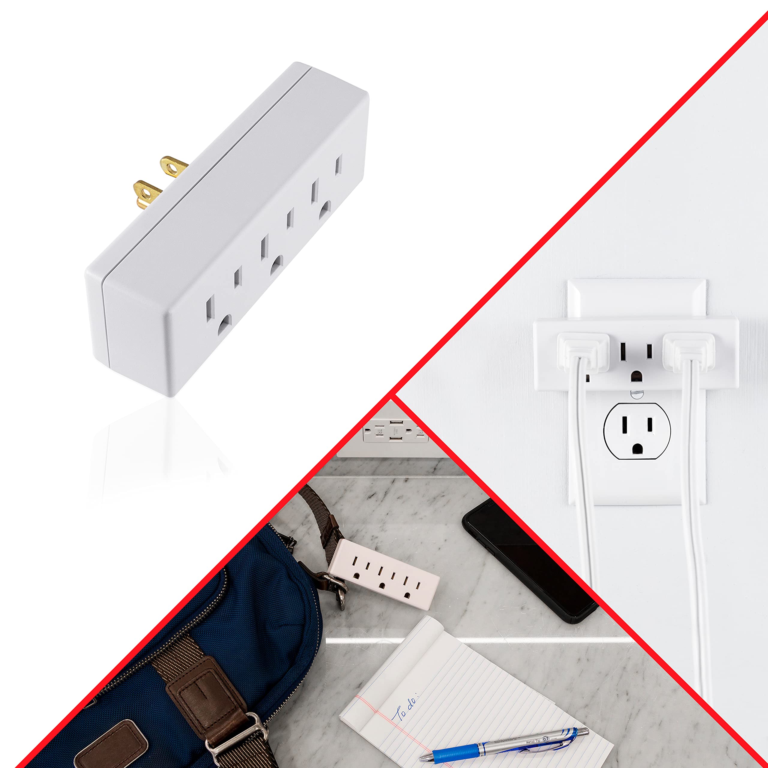 GE 3-Outlet Extender, 3 Pack, Grounded Wall Tap, 3-Prong, Multiple Plug, Power Splitter, Cruise Essentials, Use for Home Office School Dorm, UL Listed, White, 47884 - Image 5