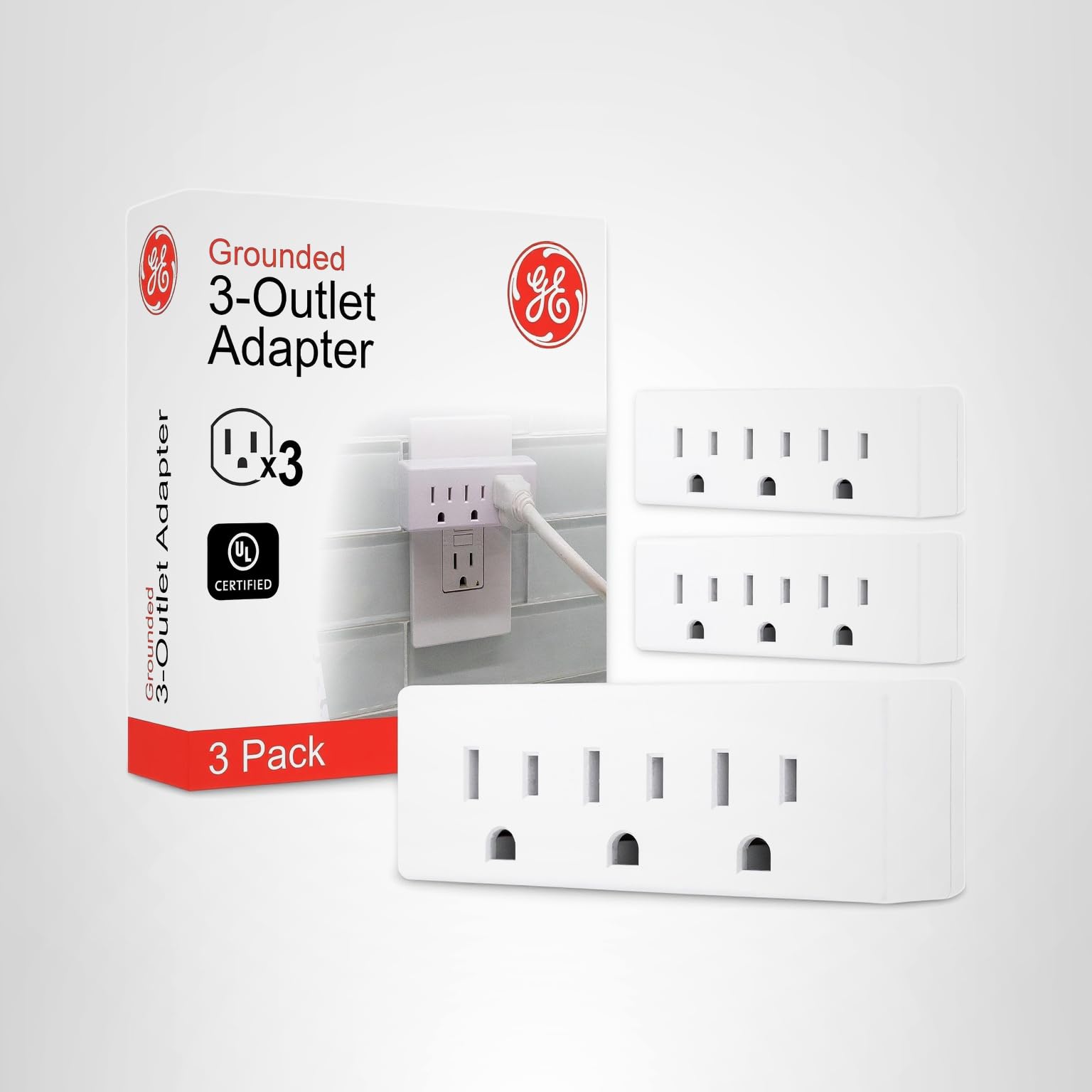 GE 3-Outlet Extender, 3 Pack, Grounded Wall Tap, 3-Prong, Multiple Plug, Power Splitter, Cruise Essentials, Use for Home Office School Dorm, UL Listed, White, 47884 - Image 6