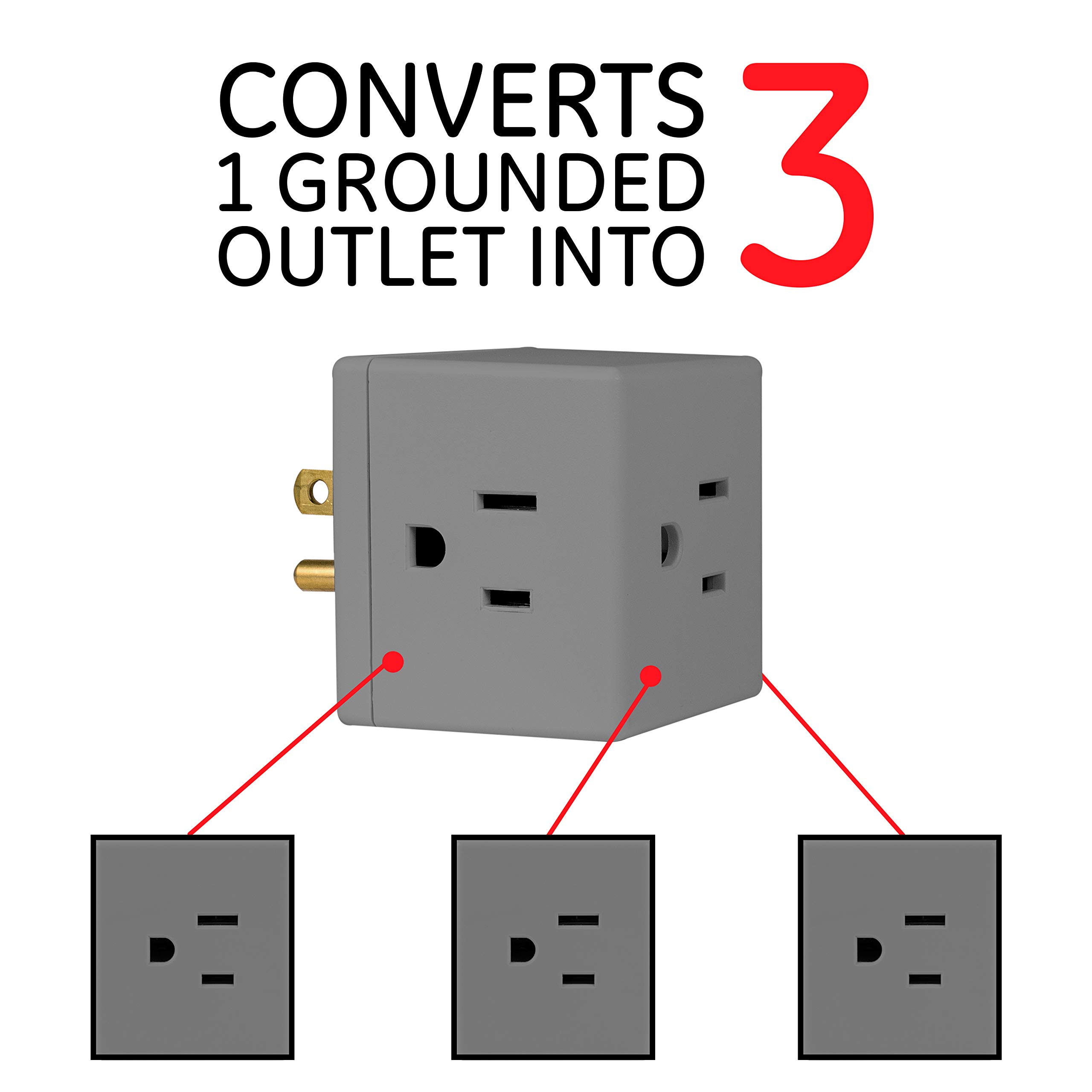 GE 3-Outlet Extender, 3 Pack, Grounded Wall Tap, Adapter Spaced, 3-Prong, Multiple Plug, Power Splitter, Cruise Essentials, Use for Home Office School Dorm, UL Listed, Grey, 47036 - Image 3