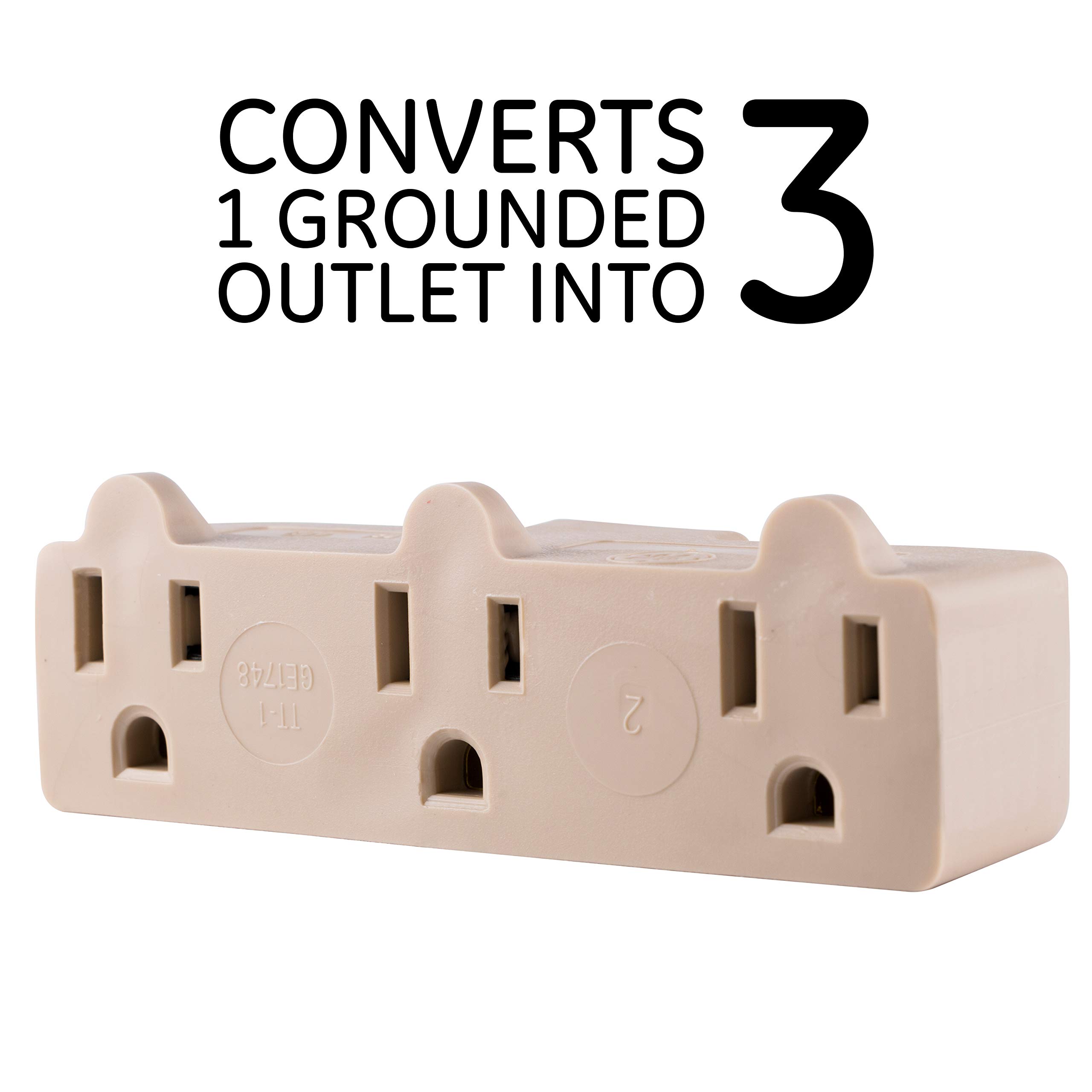 GE 3-Outlet Extender, Grounded Wall Tap, 3-Prong, Multiple Plug, Power Splitter, Cruise Essentials, Use for Home Office School Dorm, UL Listed, Light Almond, 54203 - Image 2