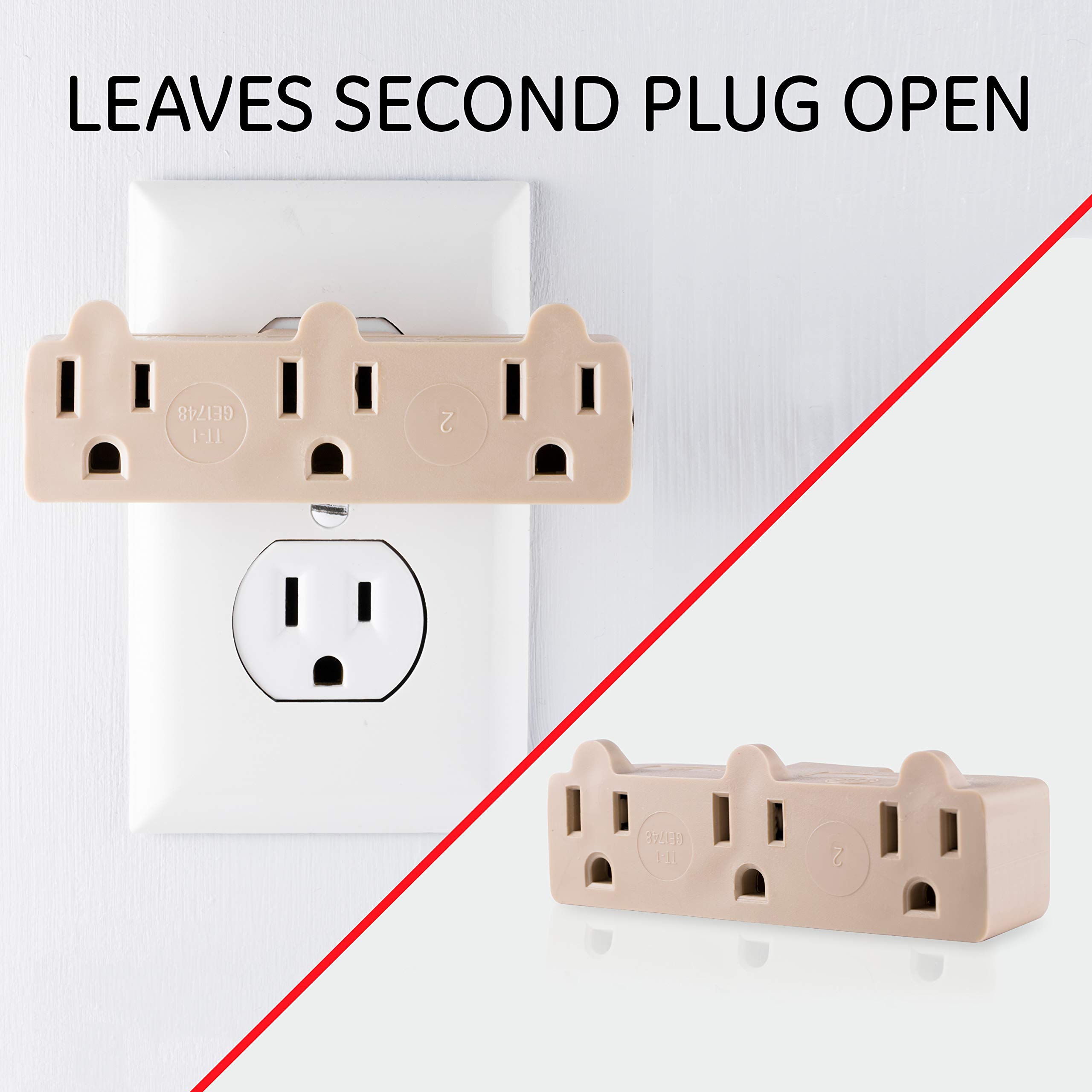 GE 3-Outlet Extender, Grounded Wall Tap, 3-Prong, Multiple Plug, Power Splitter, Cruise Essentials, Use for Home Office School Dorm, UL Listed, Light Almond, 54203 - Image 4