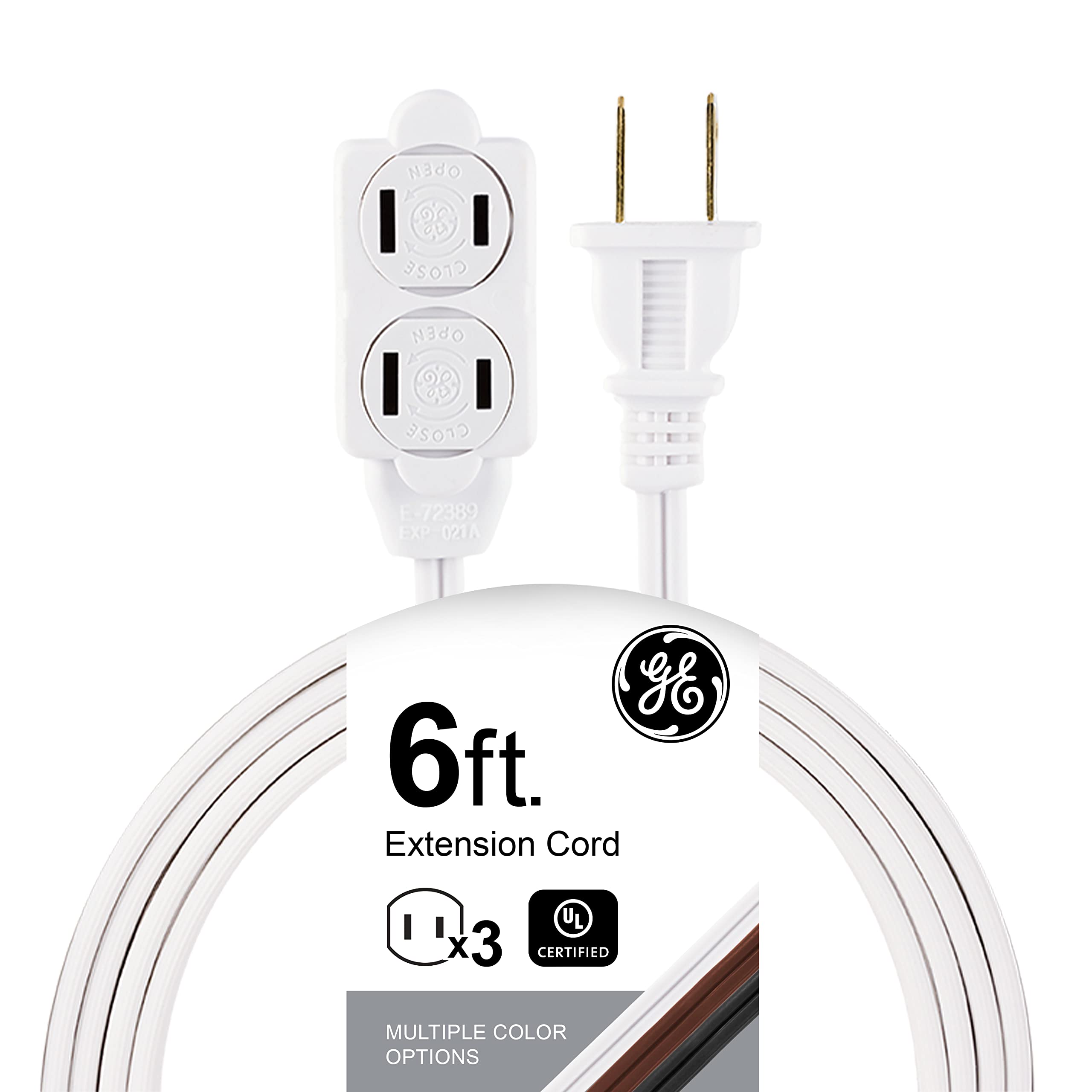 GE 3-Outlet Extension Cord with Multiple Outlets 6 Ft Power Strip 2 Prong 16 Gauge Twist-to-Close Safety Covers Indoor UL Listed White 51937