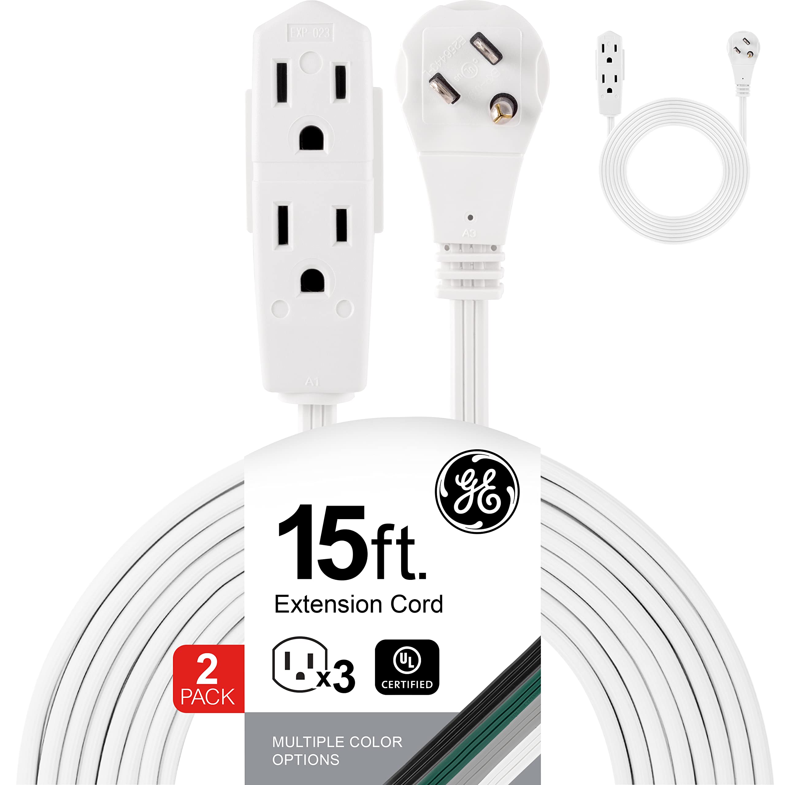 GE 3-Outlet Flat Extension Cord 15 Ft Grounded Extension Cord with Multiple Outlets 3 Prong Outlet Extender Flat Plug Power Strip Indoor Extension Cord 16 Gauge UL Listed 2 Pack White 57369
