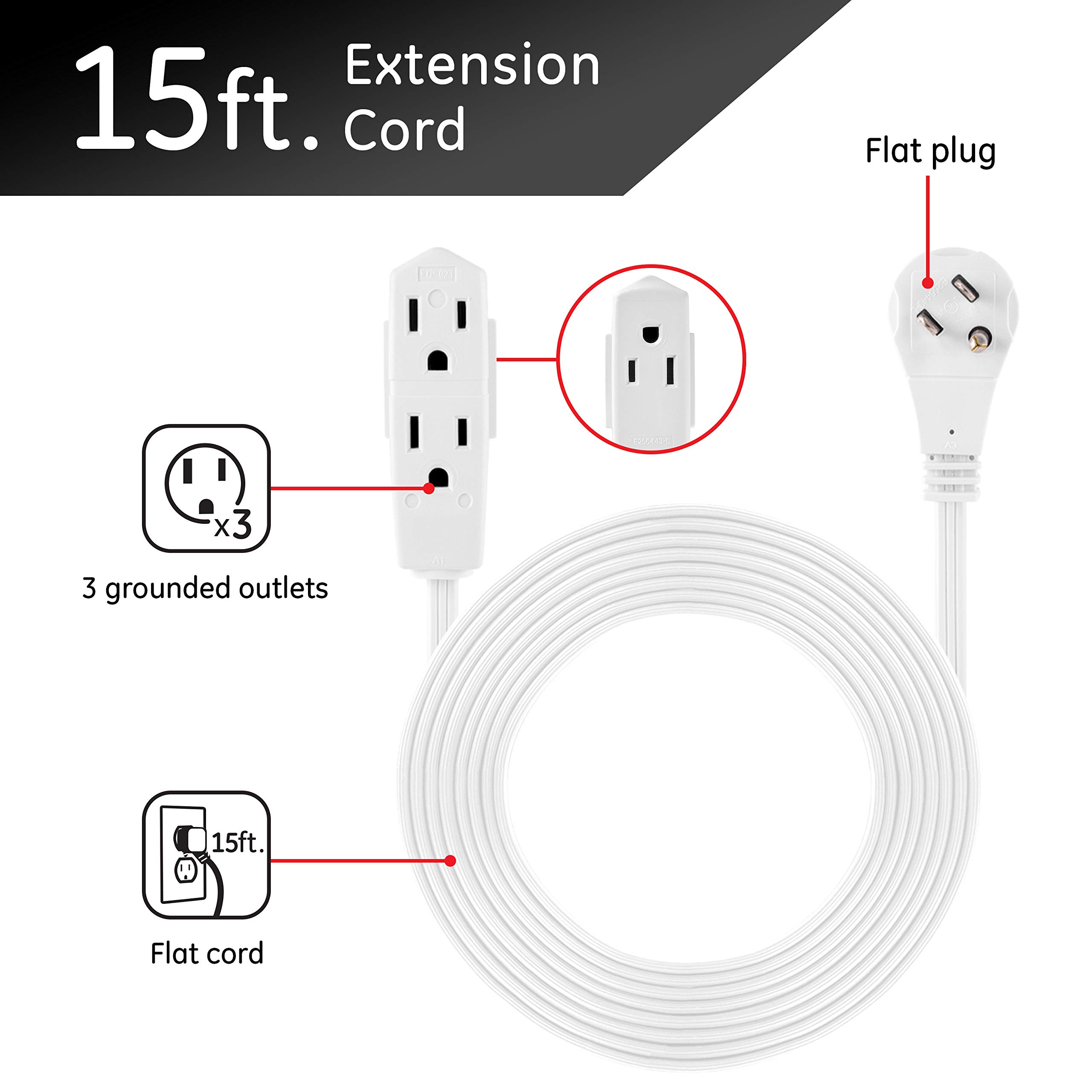 GE 3-Outlet Flat Extension Cord 15 Ft Grounded Extension Cord with Multiple Outlets 3 Prong Outlet Extender Flat Plug Power Strip Indoor Extension Cord 16 Gauge UL Listed 2 Pack White 57369 - Image 2