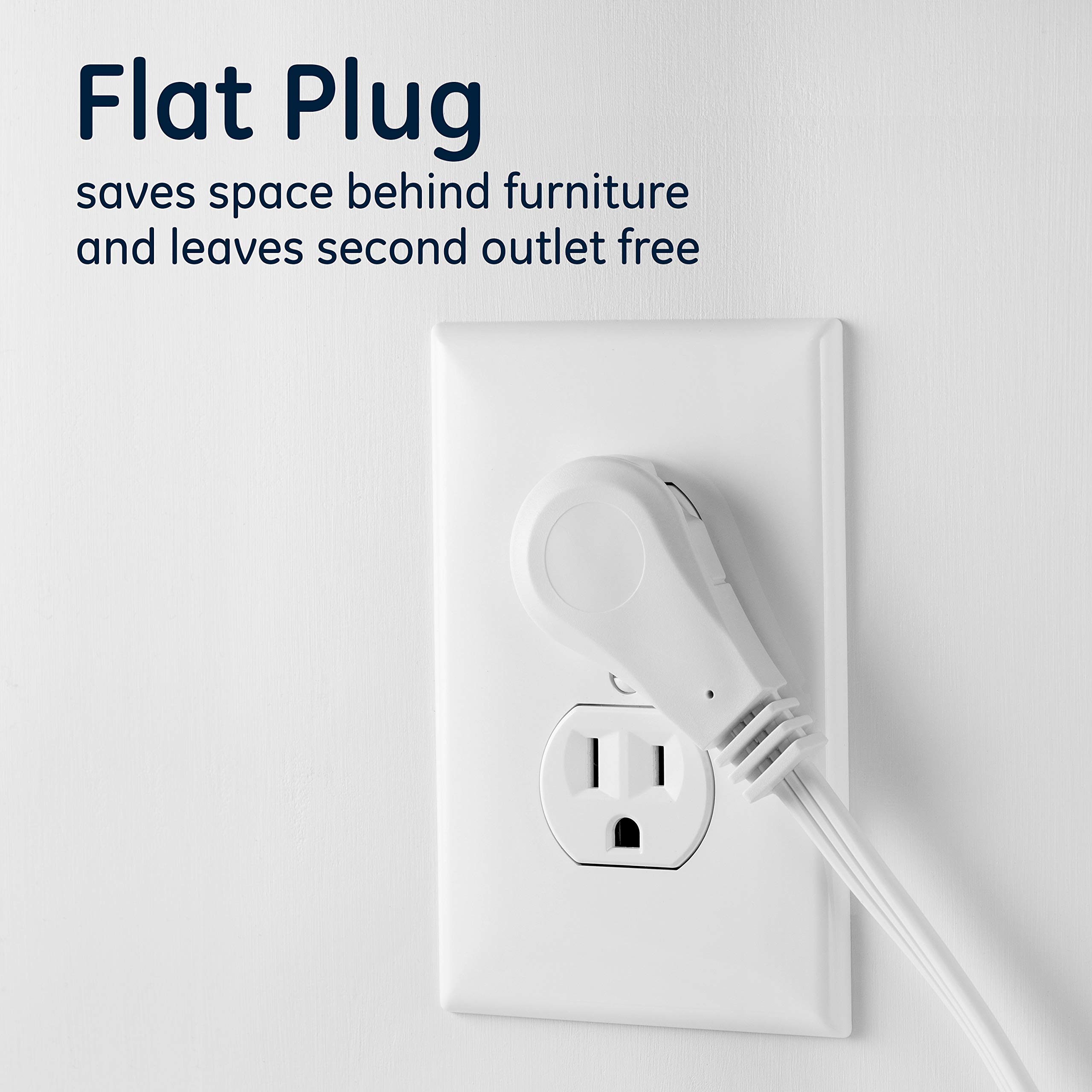 GE 3-Outlet Flat Extension Cord 15 Ft Grounded Extension Cord with Multiple Outlets 3 Prong Outlet Extender Flat Plug Power Strip Indoor Extension Cord 16 Gauge UL Listed 2 Pack White 57369 - Image 5
