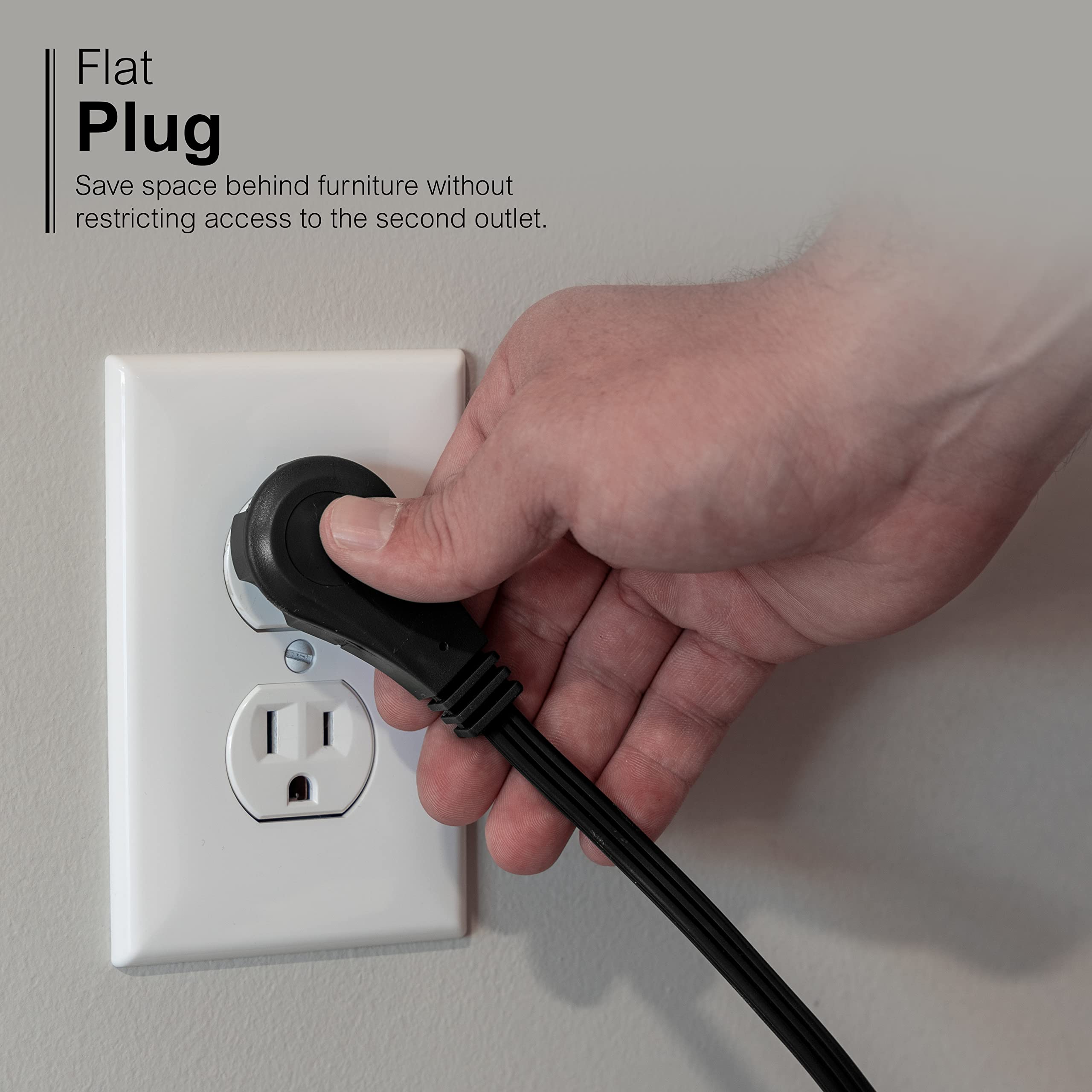 GE 3-Outlet Flat Extension Cord - 3 Ft Grounded With Multiple Outlets, 3 Prong Extender, Flat Plug Power Strip, Indoor, 16 Gauge, UL Listed, 2 Pack, Black (69884) - Image 4