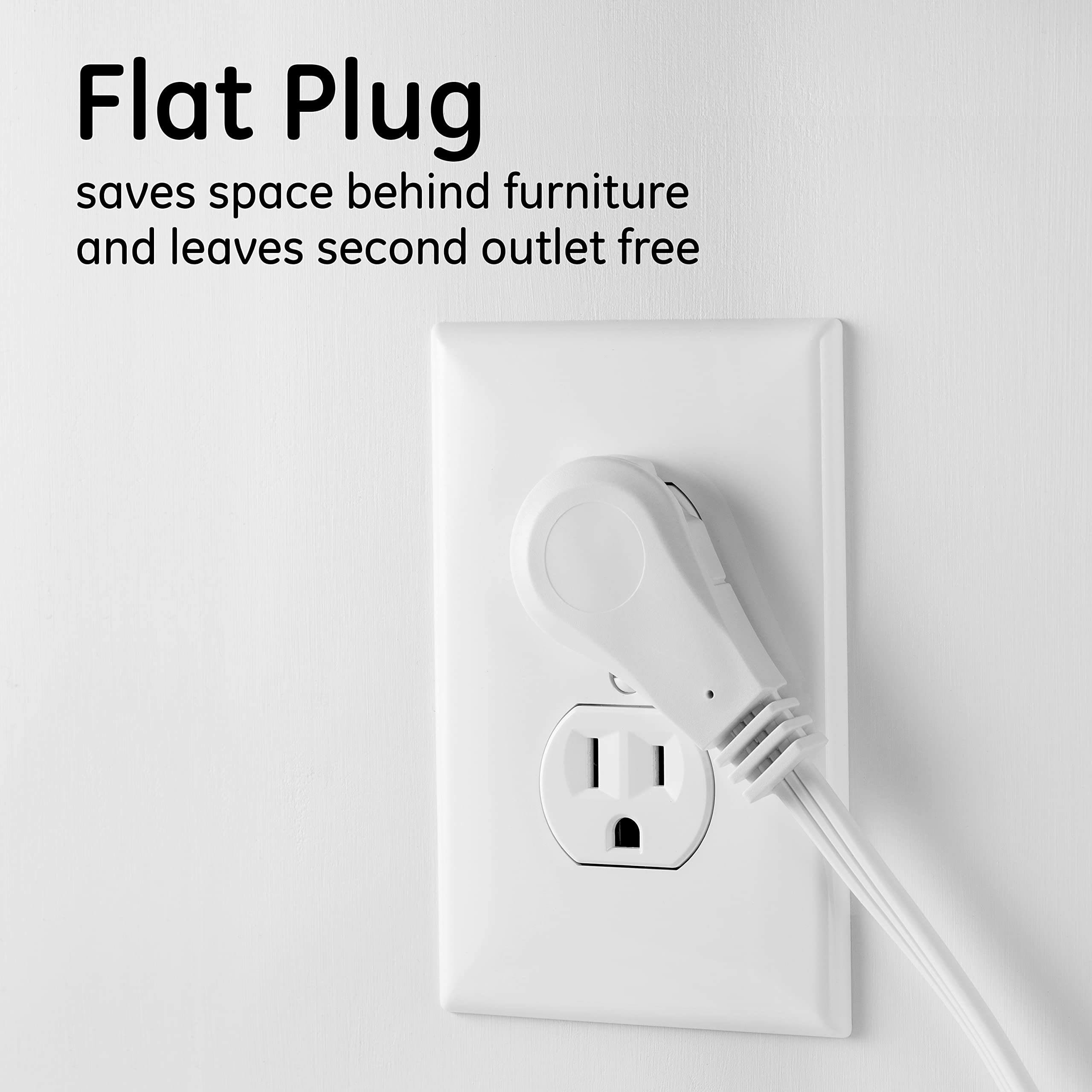 GE 3-Outlet Flat Extension Cord 8 Ft Grounded Extension Cord with Multiple Outlets 3 Prong Outlet Extender Flat Plug Indoor Power Strip 16 Gauge UL Listed White 50251 - Image 5