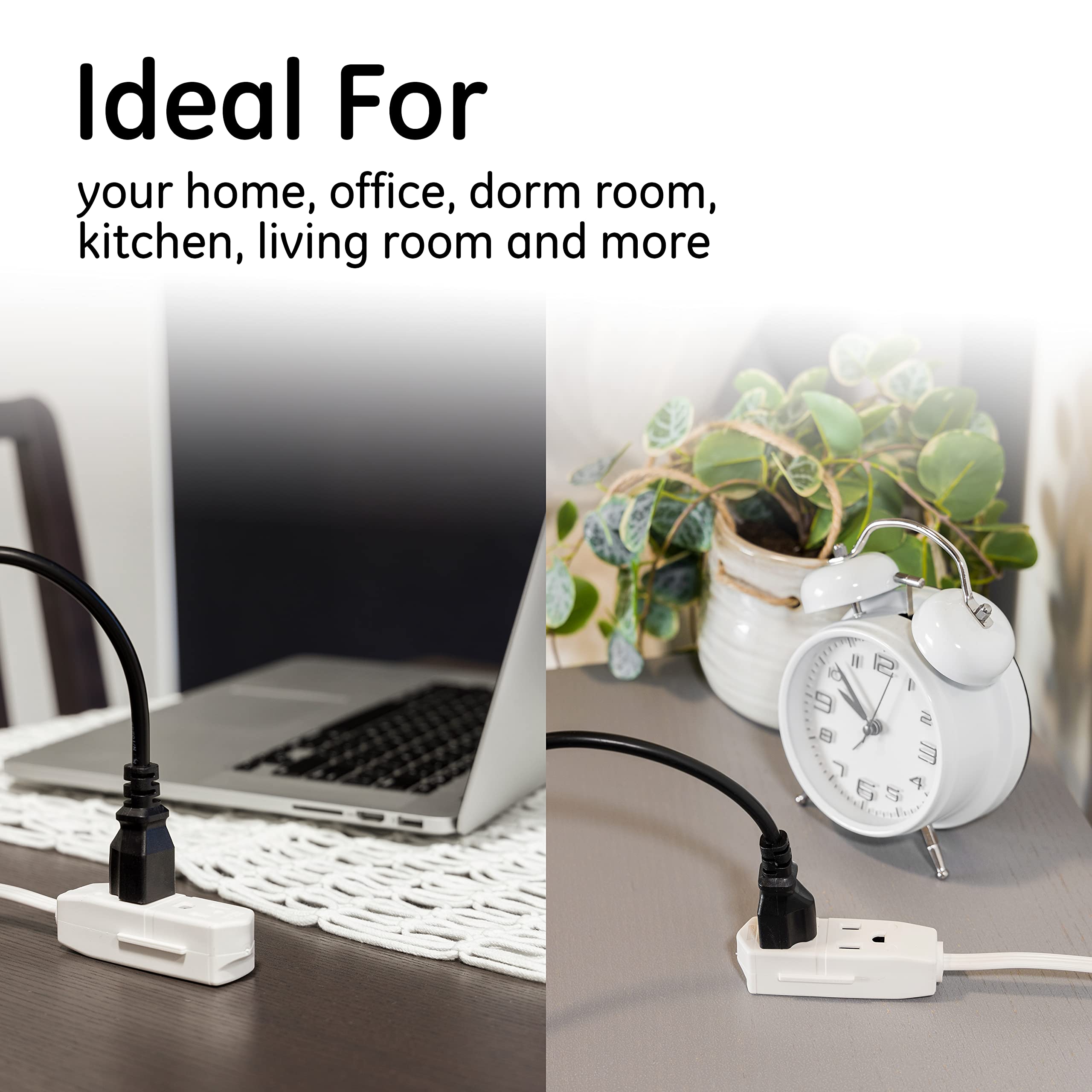 GE 3-Outlet Flat Extension Cord 8 Ft Grounded Extension Cord with Multiple Outlets 3 Prong Outlet Extender Flat Plug Indoor Power Strip 16 Gauge UL Listed White 50251 - Image 7