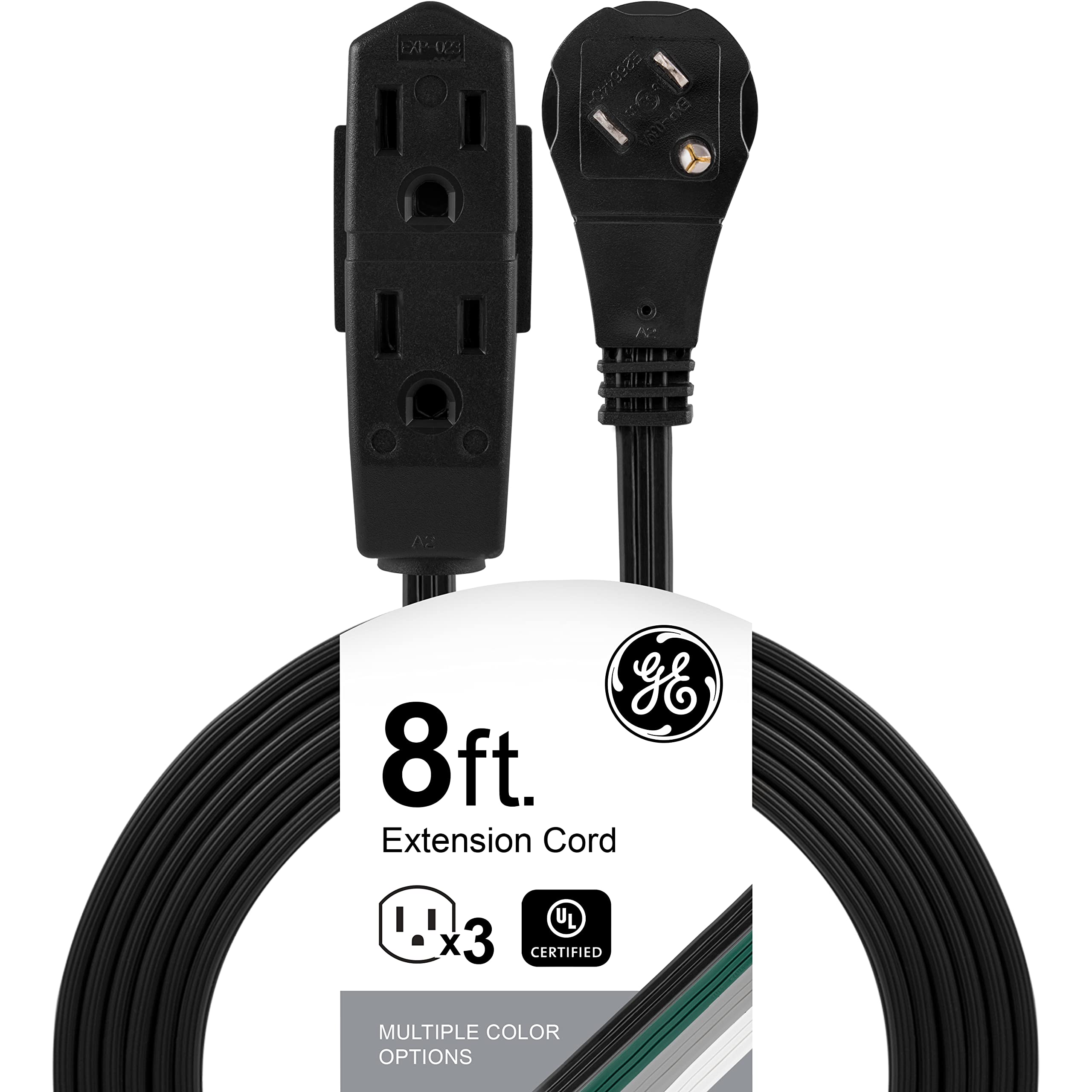 GE 3-Outlet Flat Extension Cord 8 Ft Grounded with Multiple Outlets 3 Prong, Extender Flat Plug Power Strip Indoor Extension Cord 16 Gauge UL Listed Black 56991