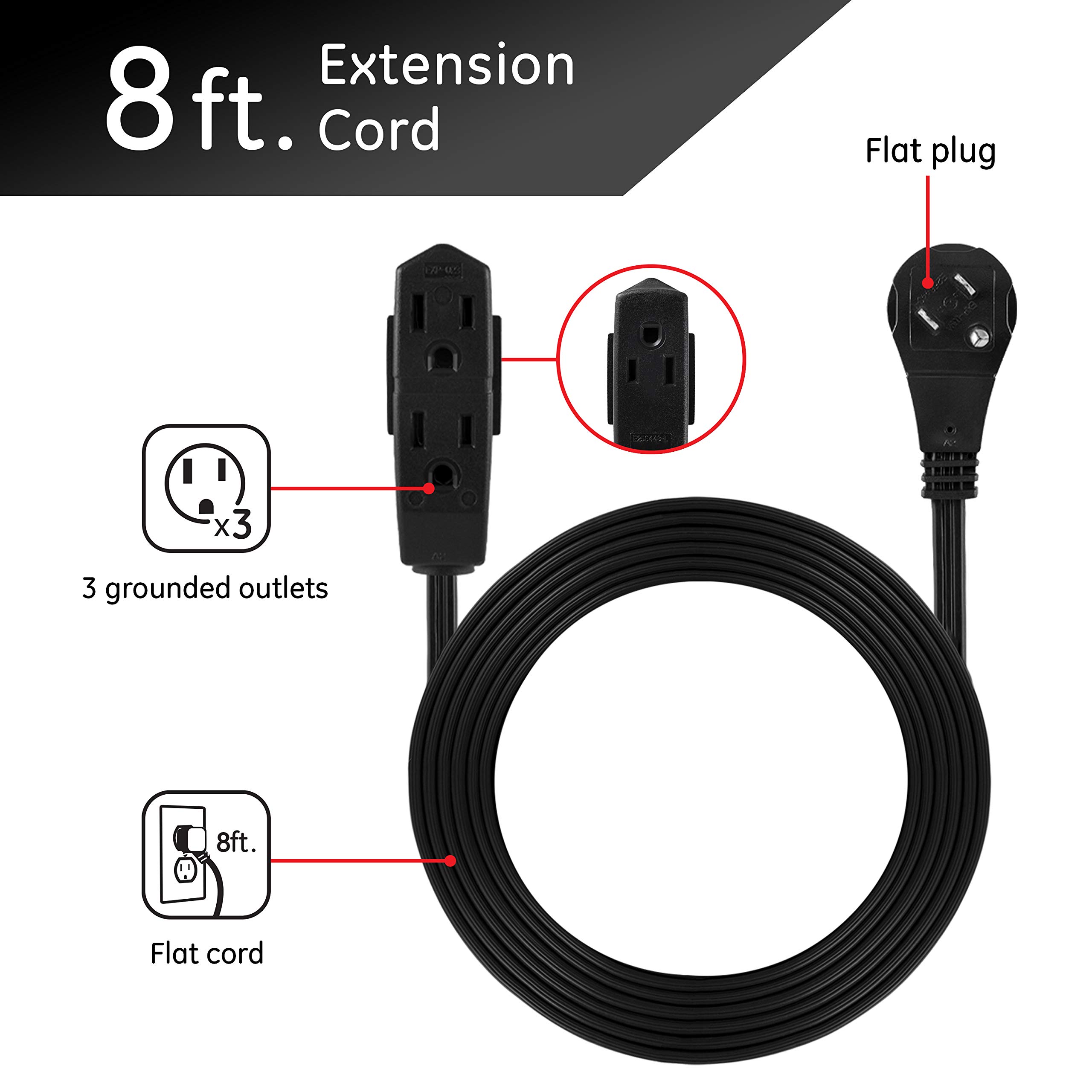 GE 3-Outlet Flat Extension Cord 8 Ft Grounded with Multiple Outlets 3 Prong, Extender Flat Plug Power Strip Indoor Extension Cord 16 Gauge UL Listed Black 56991 - Image 2