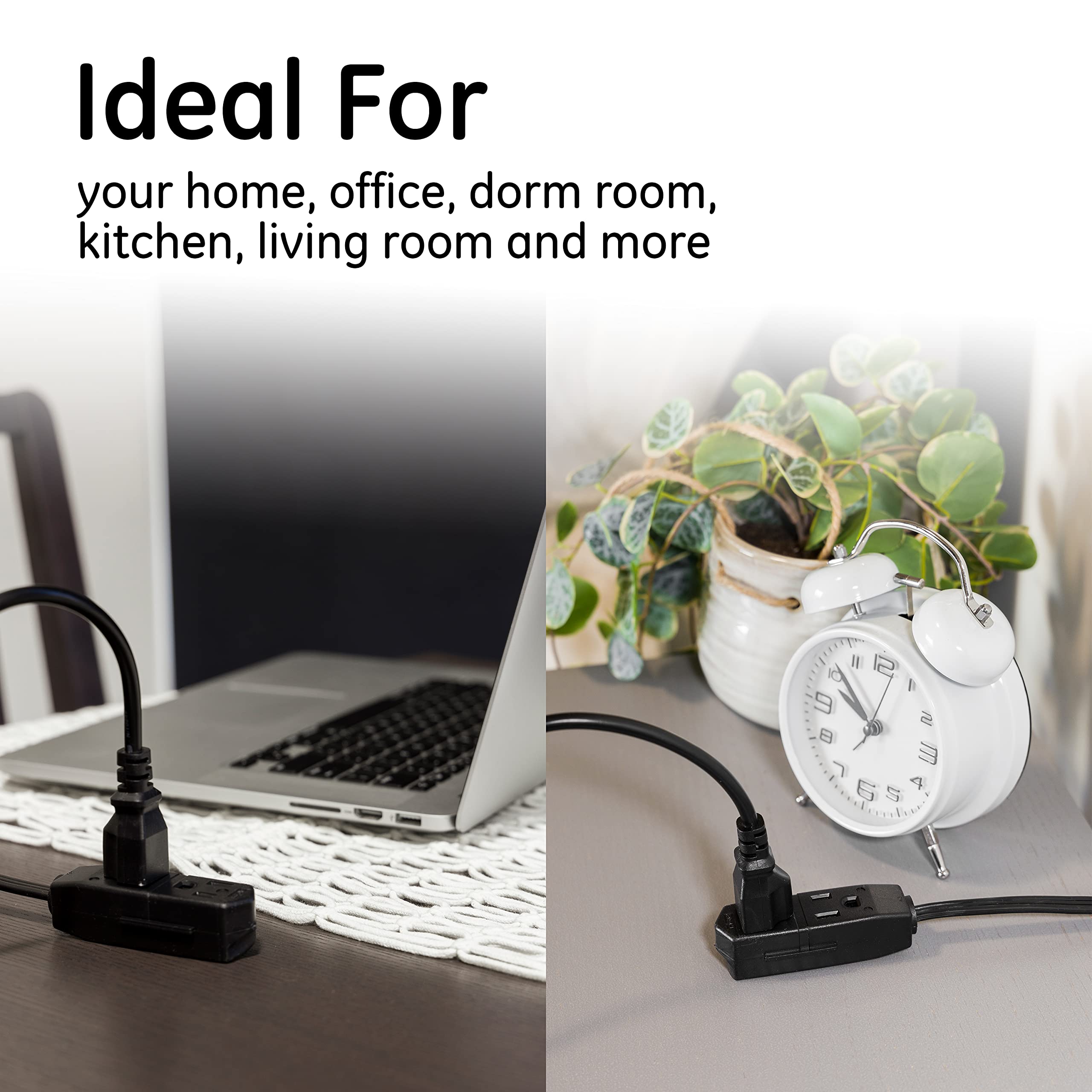 GE 3-Outlet Flat Extension Cord 8 Ft Grounded with Multiple Outlets 3 Prong, Extender Flat Plug Power Strip Indoor Extension Cord 16 Gauge UL Listed Black 56991 - Image 7