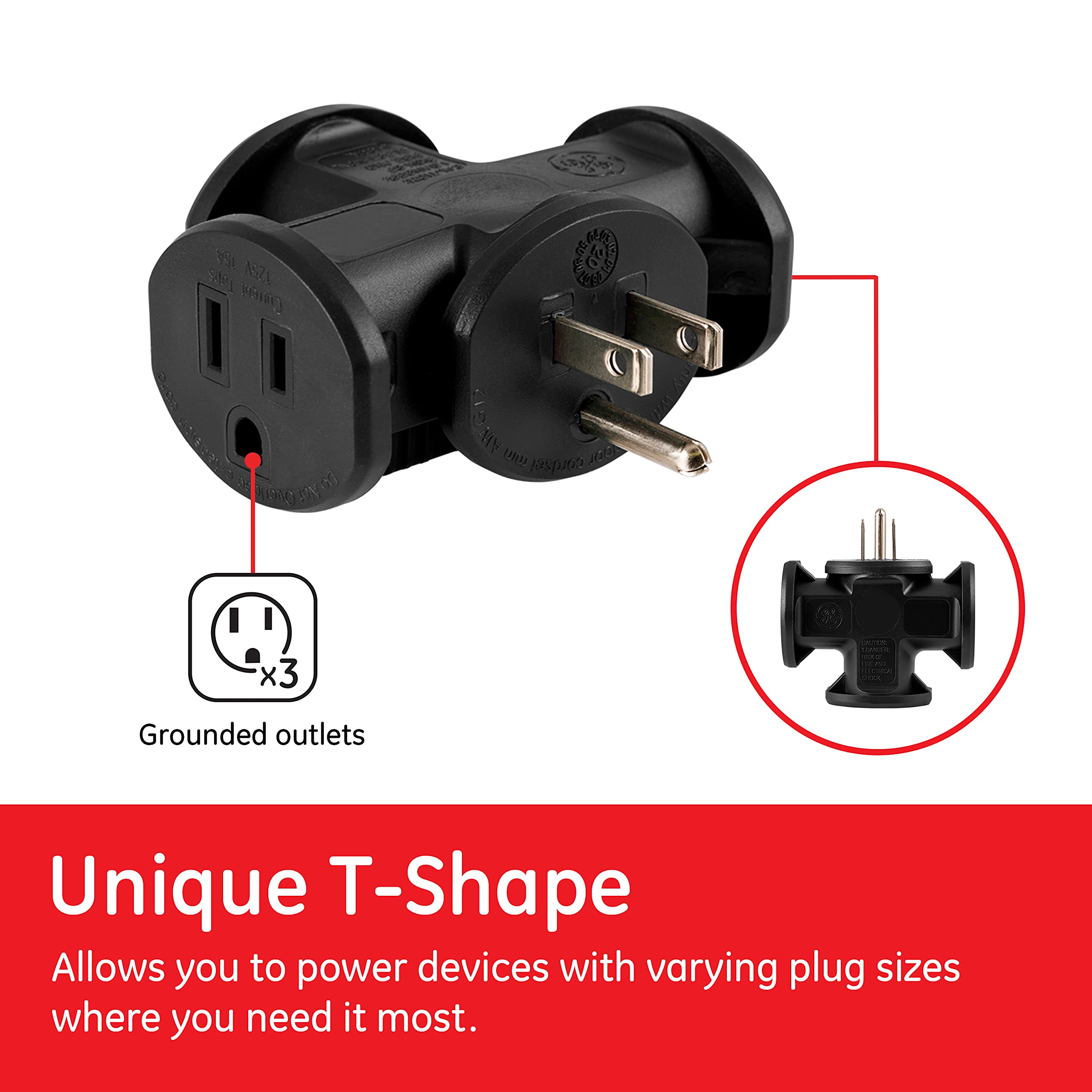 GE 3-Outlet Grounded T-Shaped Tap Adapter, Heavy Duty, Black, 50872 - Image 2