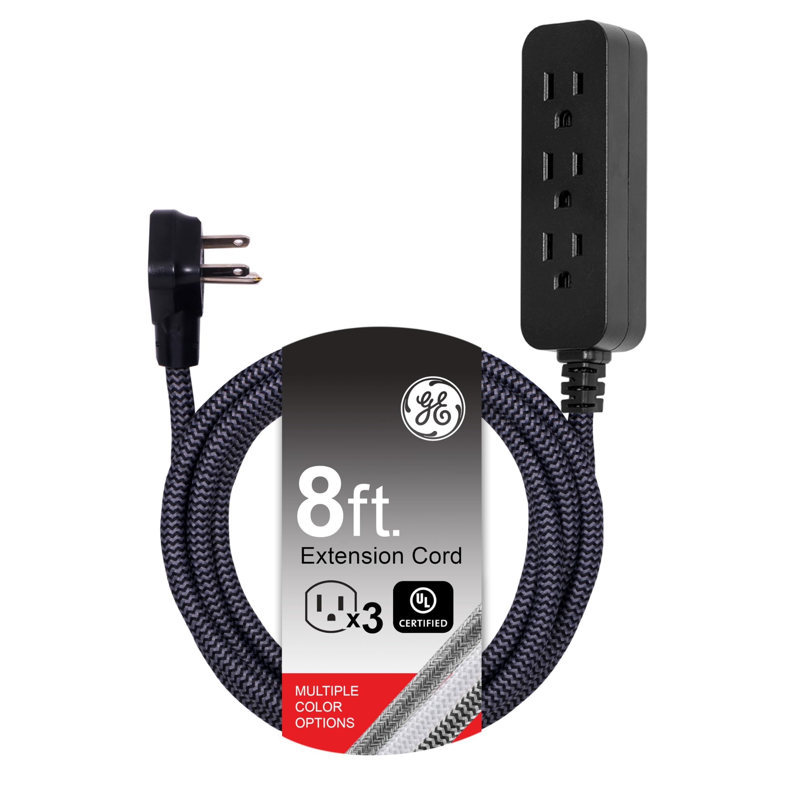 GE 3-Outlet Power Strip Extension Cord with Multiple Outlets 8 Ft Braided Short Cord Extension Cord Grounded Flat Plug ETL Listed White 41282