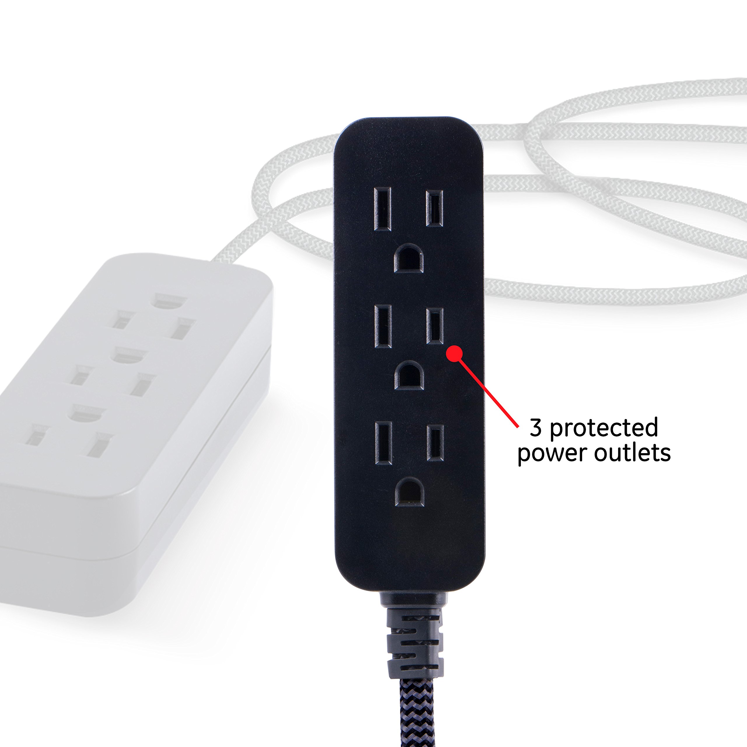 GE 3-Outlet Power Strip Extension Cord with Multiple Outlets 8 Ft Braided Short Cord Extension Cord Grounded Flat Plug ETL Listed White 41282 - Image 2
