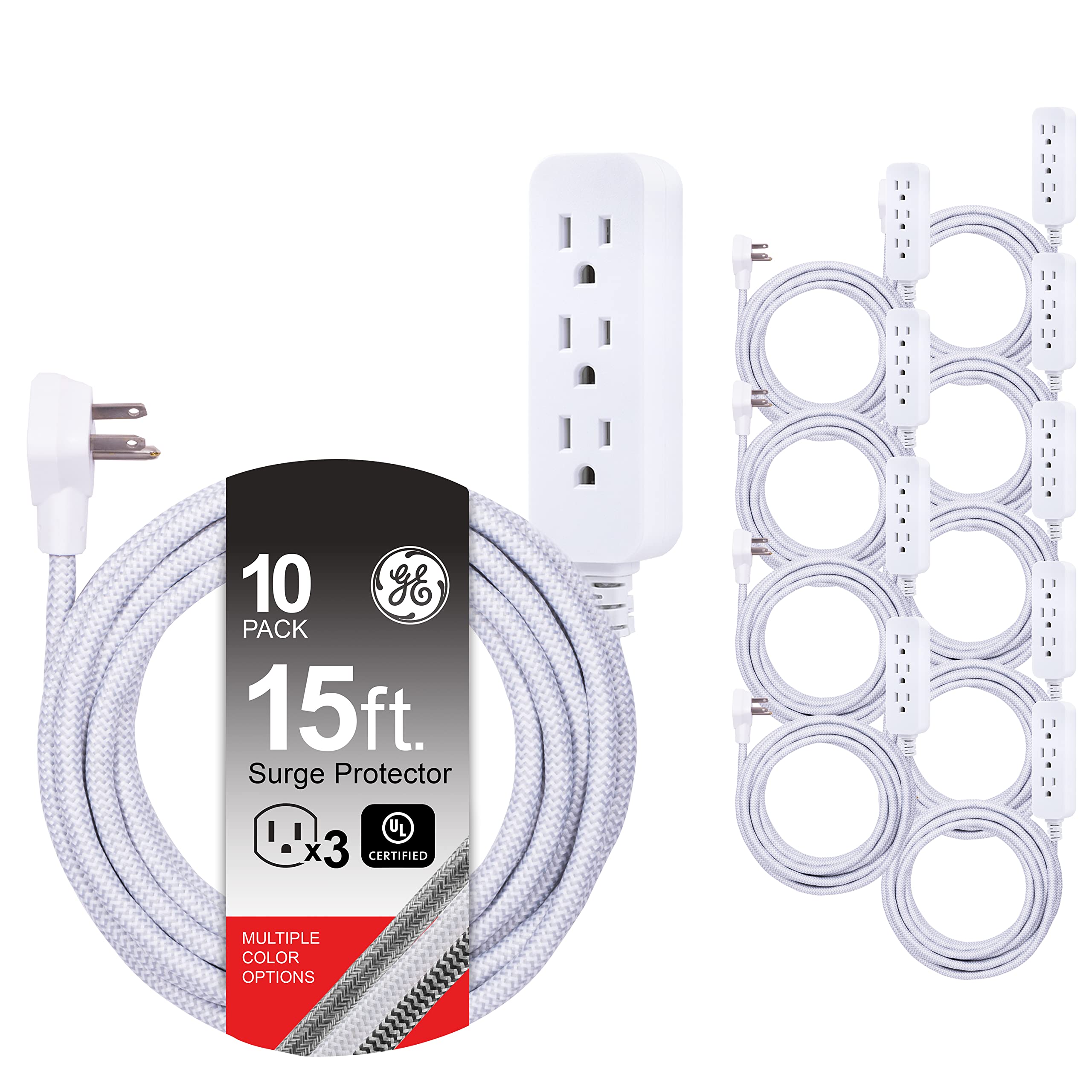 GE 3-Outlet Power Strip Surge Protector 15 Ft Braided Long Cord Extension Cord Surge Protector Power Strip Flat Plug Extension Cord 250 Joules UL Listed 10 Pack White 53264