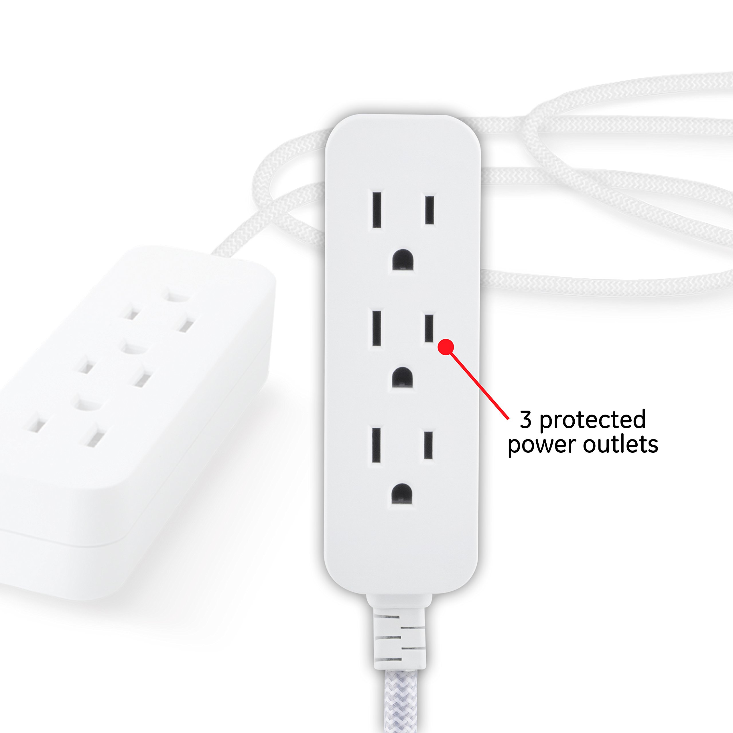 GE 3-Outlet Power Strip Surge Protector 15 Ft Braided Long Cord Extension Cord Surge Protector Power Strip Flat Plug Extension Cord 250 Joules UL Listed 10 Pack White 53264 - Image 2