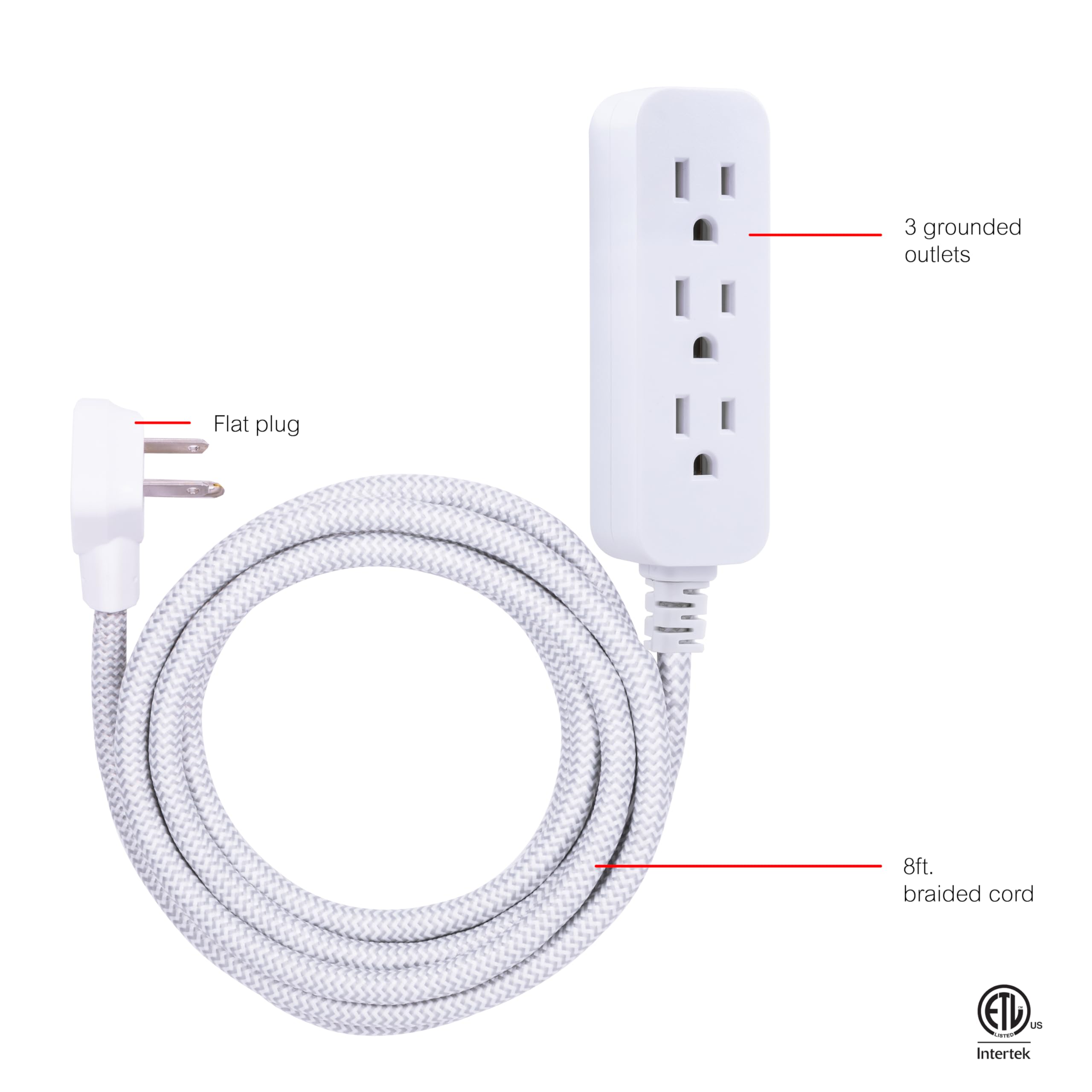 GE 3-Outlet Power Strip Surge Protector 8 Ft Braided Long Cord Extension Cord Surge Protector Power Strip Flat Plug Extension Cord 250 Joules UL Listed White 38433 - Image 2