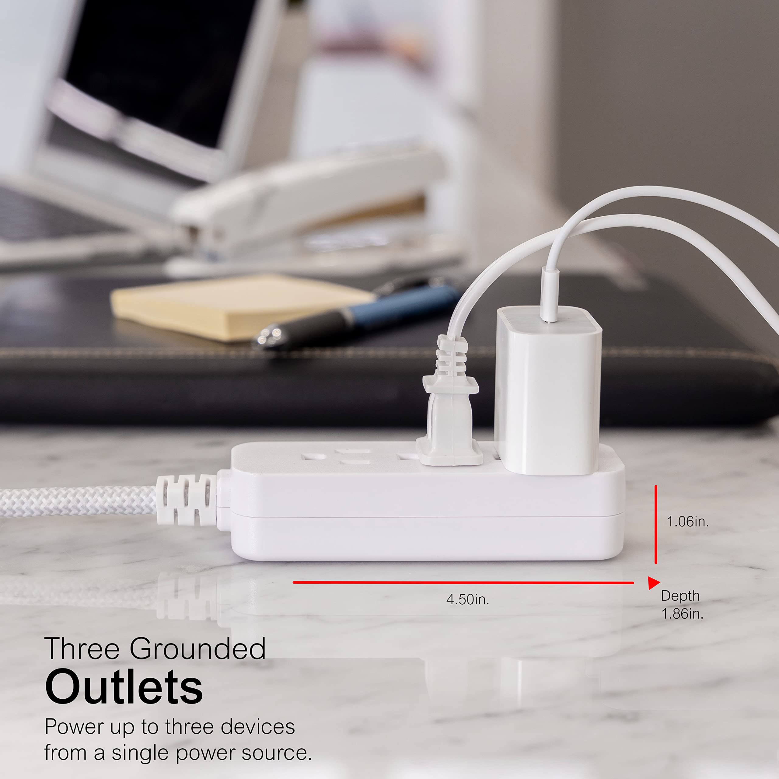 GE 3-Outlet Power Strip Surge Protector 8 Ft Braided Long Cord Extension Cord Surge Protector Power Strip Flat Plug Extension Cord 250 Joules UL Listed White 38433 - Image 3