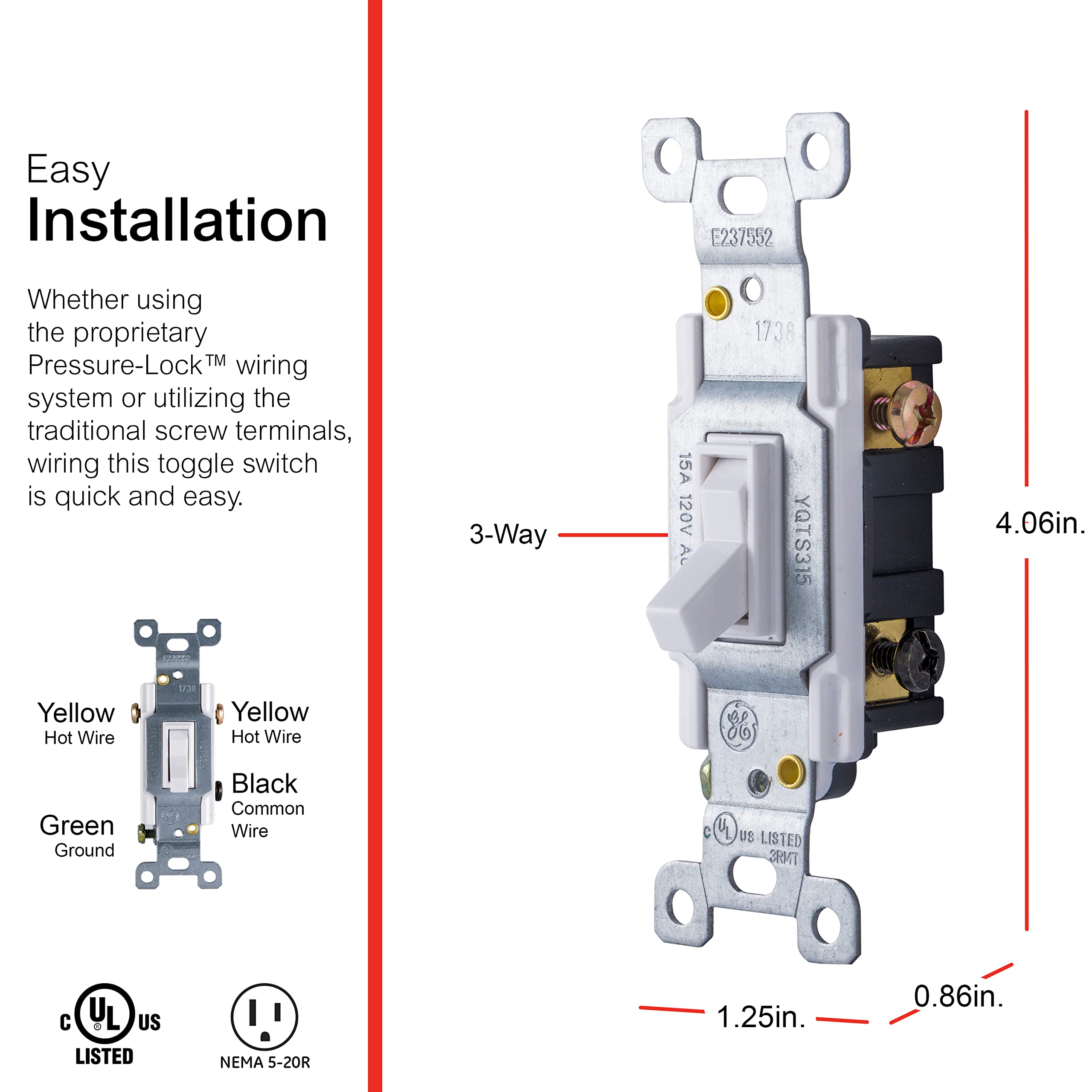 GE 3-Way Grounding Toggle Switch, in Wall On/Off Fan & Light Switch Replacement, 15 Amp, Great for Home, Office & Kitchen, UL Listed, White, 54172 - Image 2
