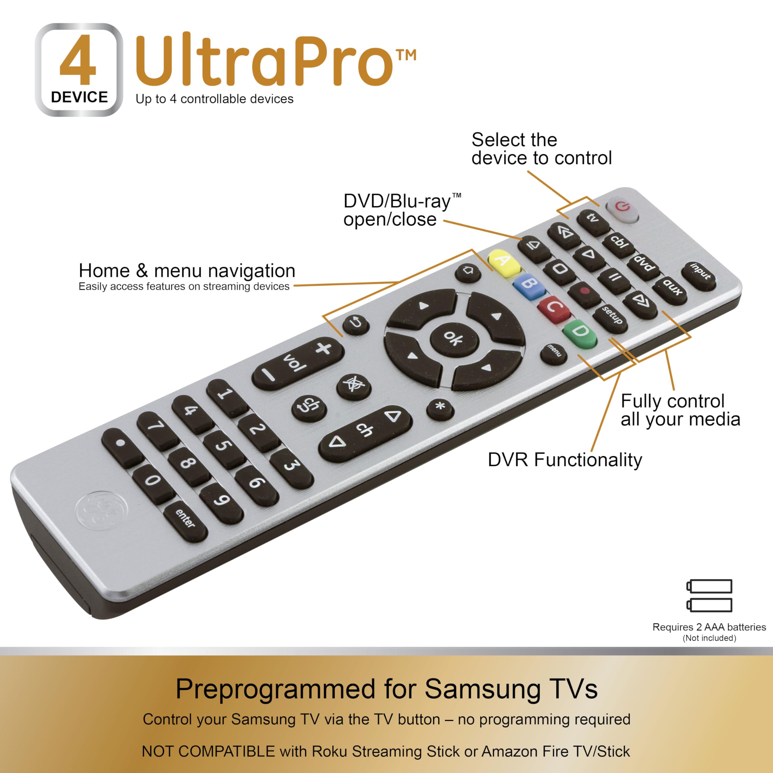 GE 4-Device Universal Remote Control, Designer Series, Brushed Nickel/Silver, 33709 - Image 2